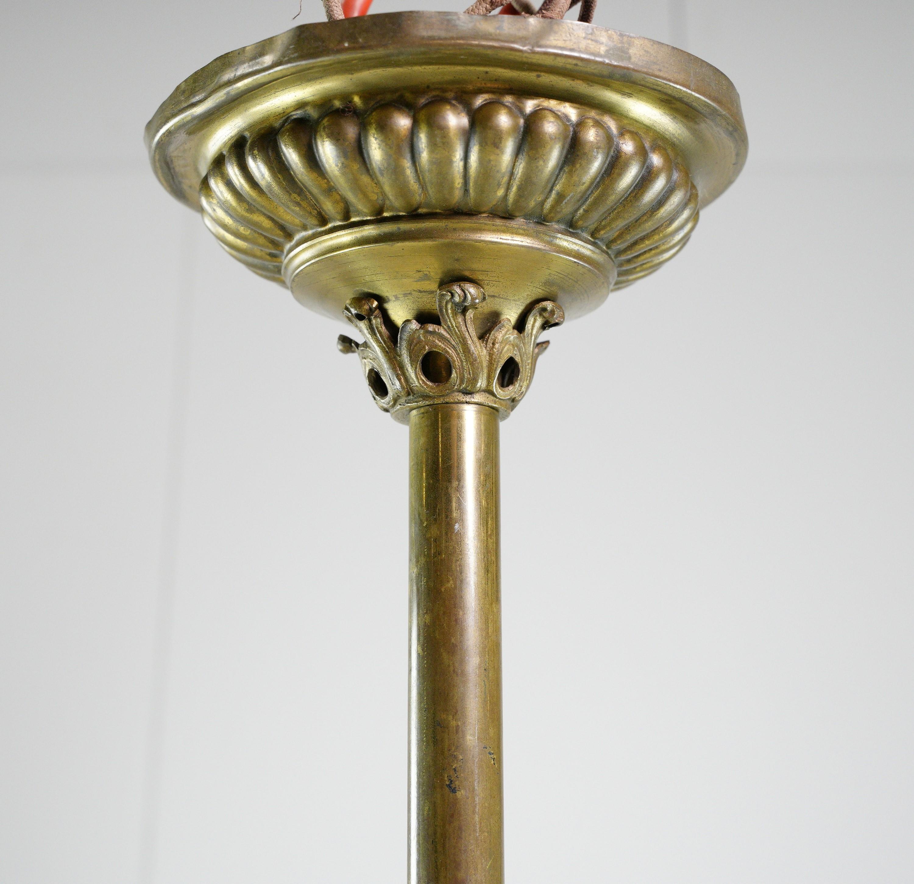 Art Nouveau Brass Chandelier 3 Arm Ruffled Glass Shades 5