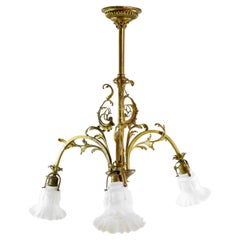 Art Nouveau Brass Chandelier 3 Arm Ruffled Glass Shades