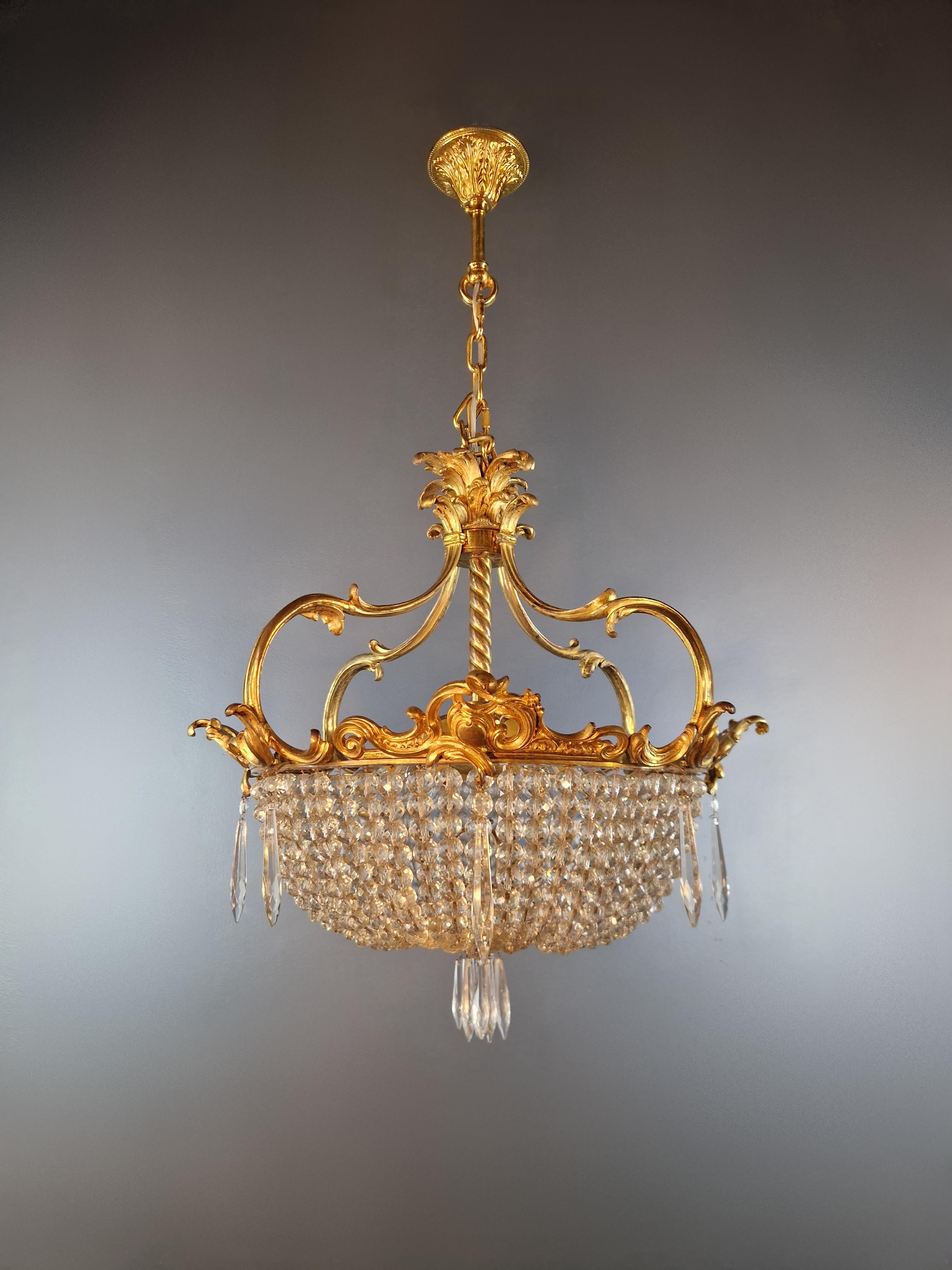 Italian Art Nouveau Brass Chandelier Lustre Ceiling Lamp Rarity Antique