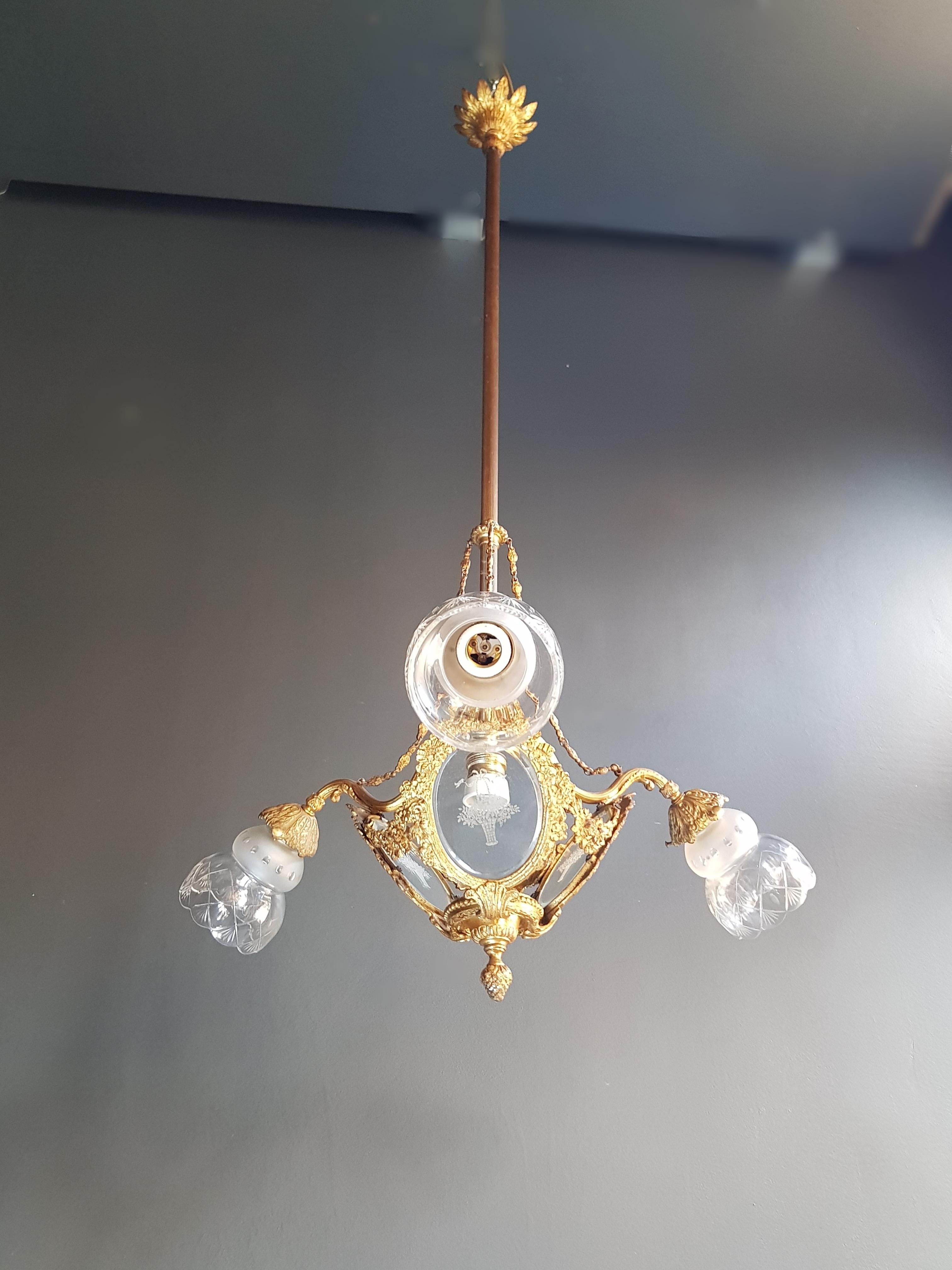 European Art Nouveau Brass Chandelier Lustre Ceiling Lamp Rarity Antique For Sale