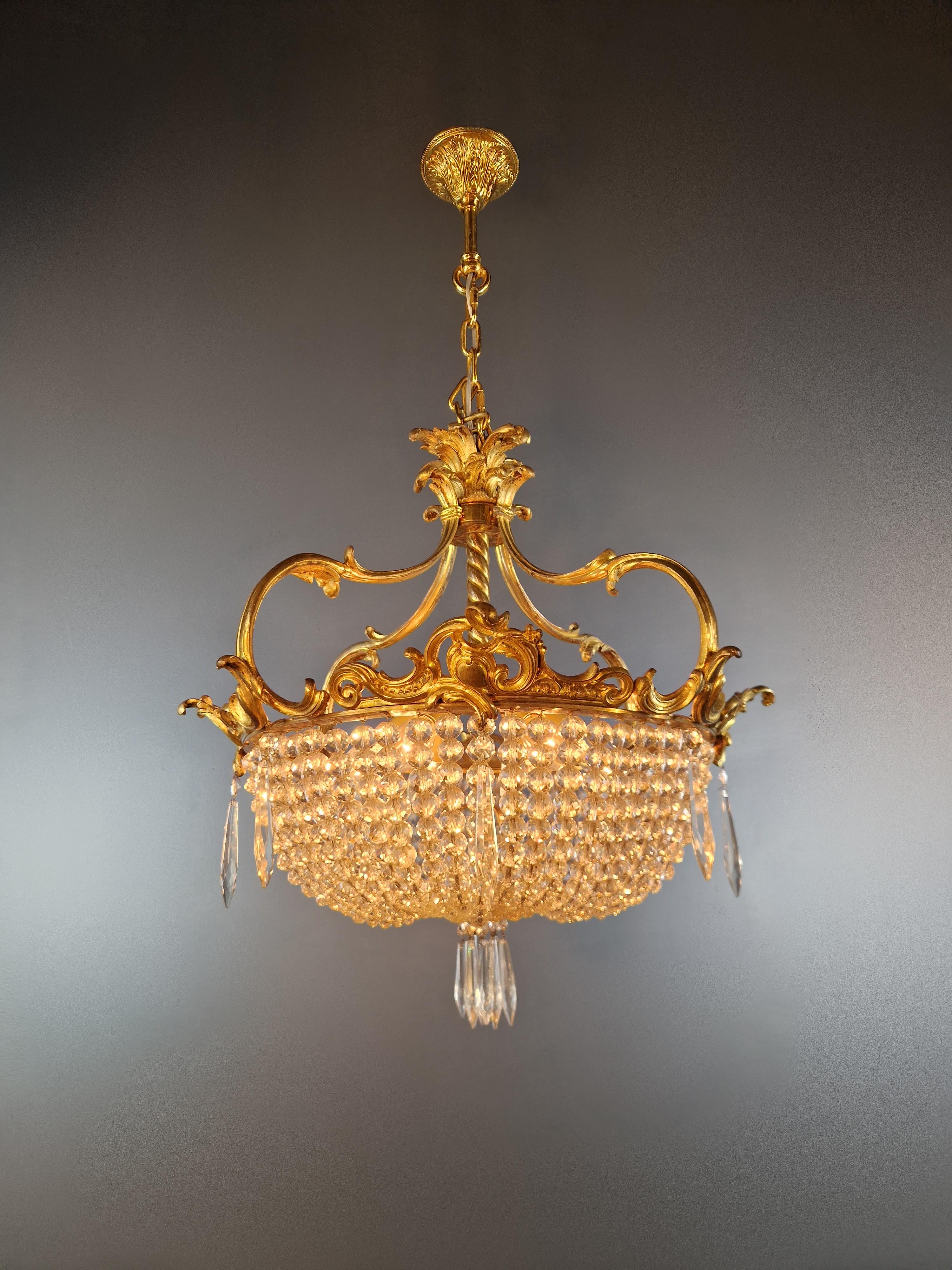 Hand-Knotted Art Nouveau Brass Chandelier Lustre Ceiling Lamp Rarity Antique