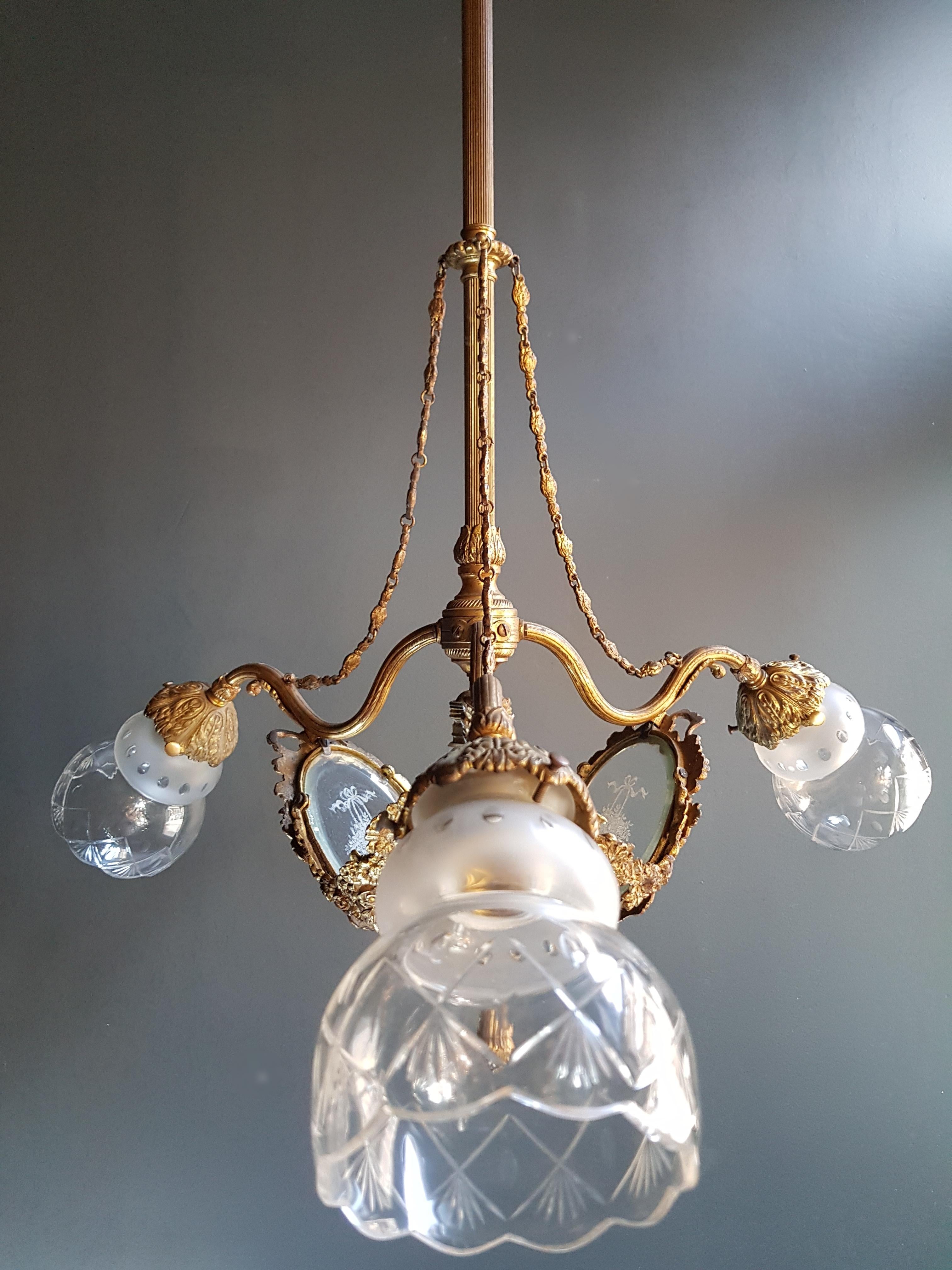 19th Century Art Nouveau Brass Chandelier Lustre Ceiling Lamp Rarity Antique For Sale