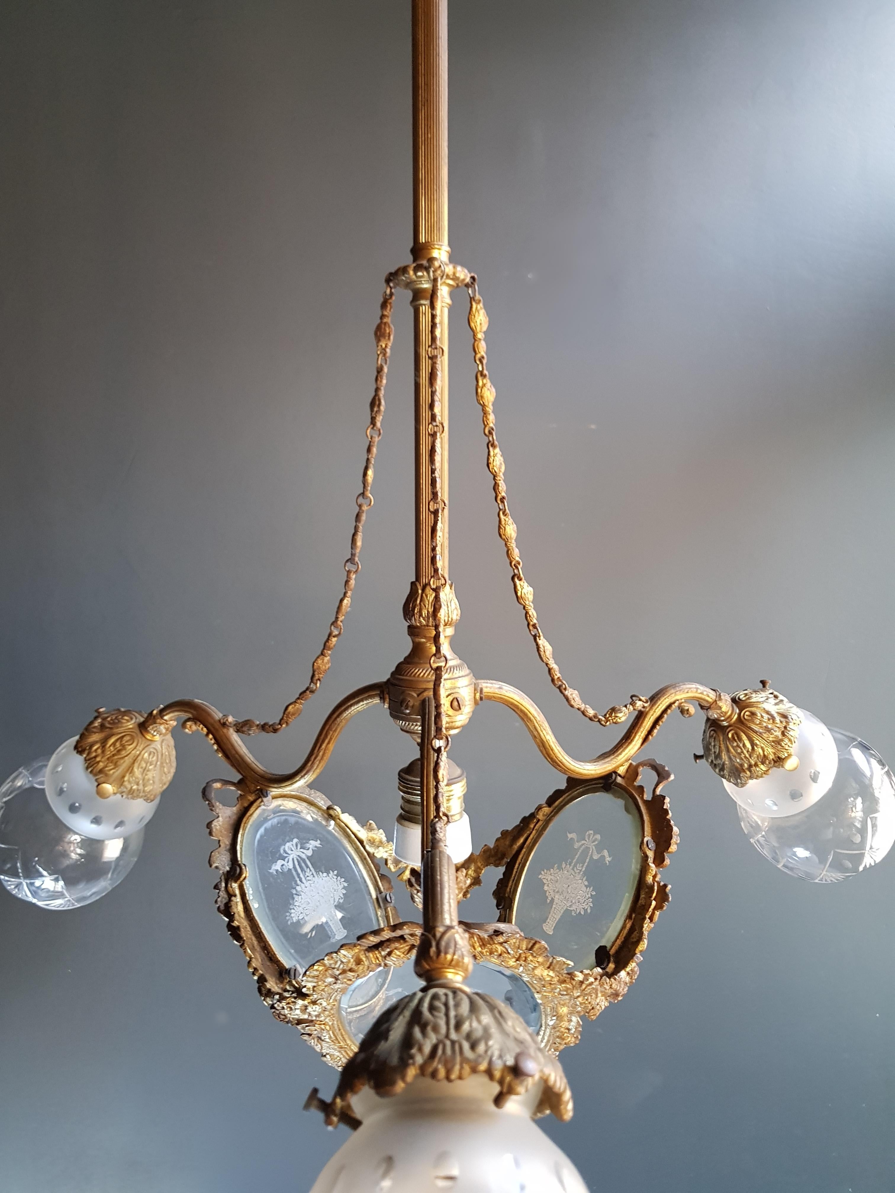 Glass Art Nouveau Brass Chandelier Lustre Ceiling Lamp Rarity Antique For Sale