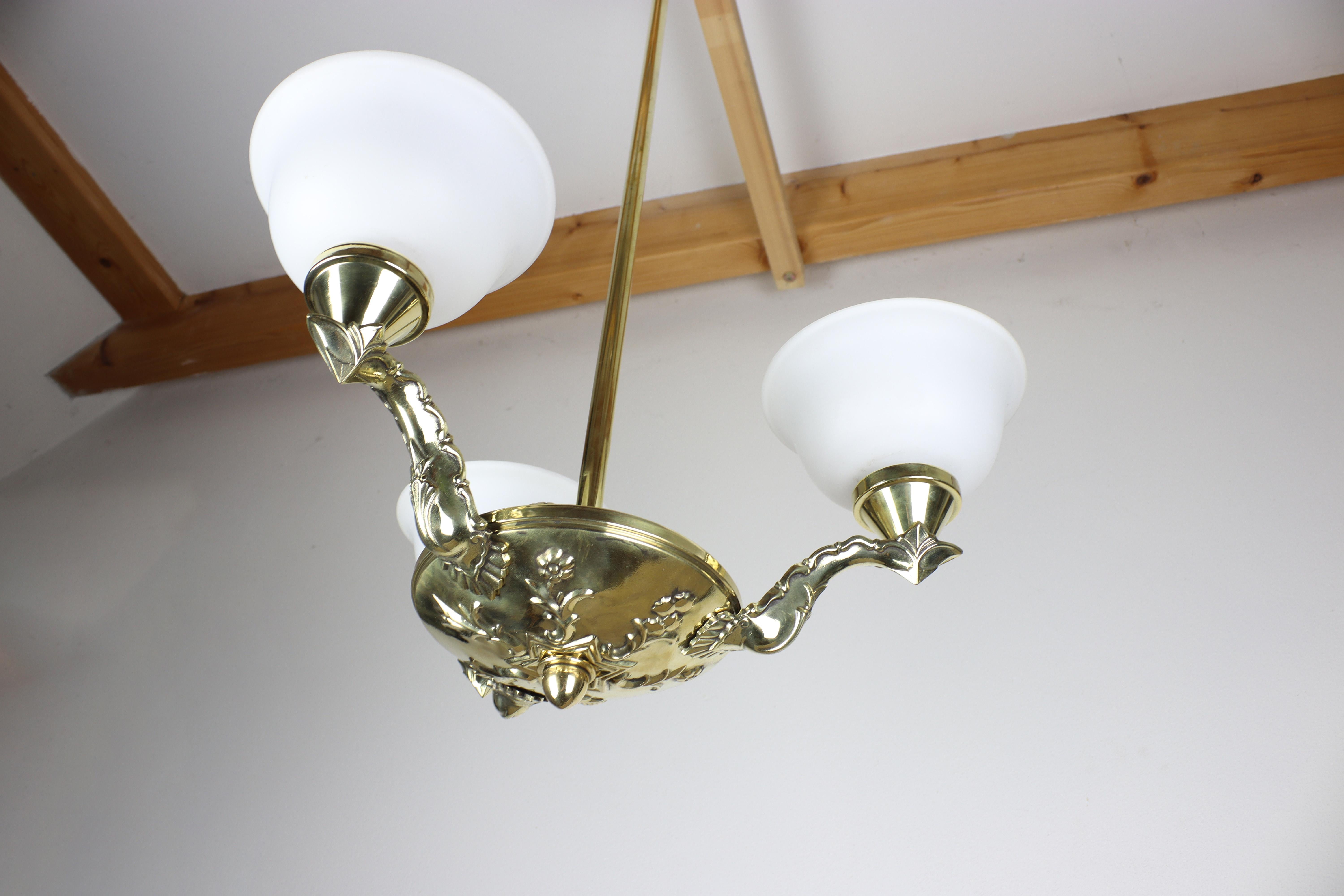 Art Nouveau Brass Chandelier with Embossed Elements In Good Condition For Sale In Brno, CZ