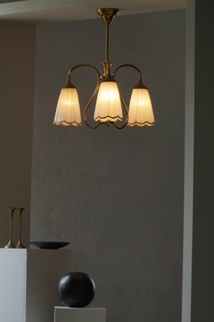 Art Nouveau, Brass Chandelier with Figural Detail and Pleated Shades, 1940s