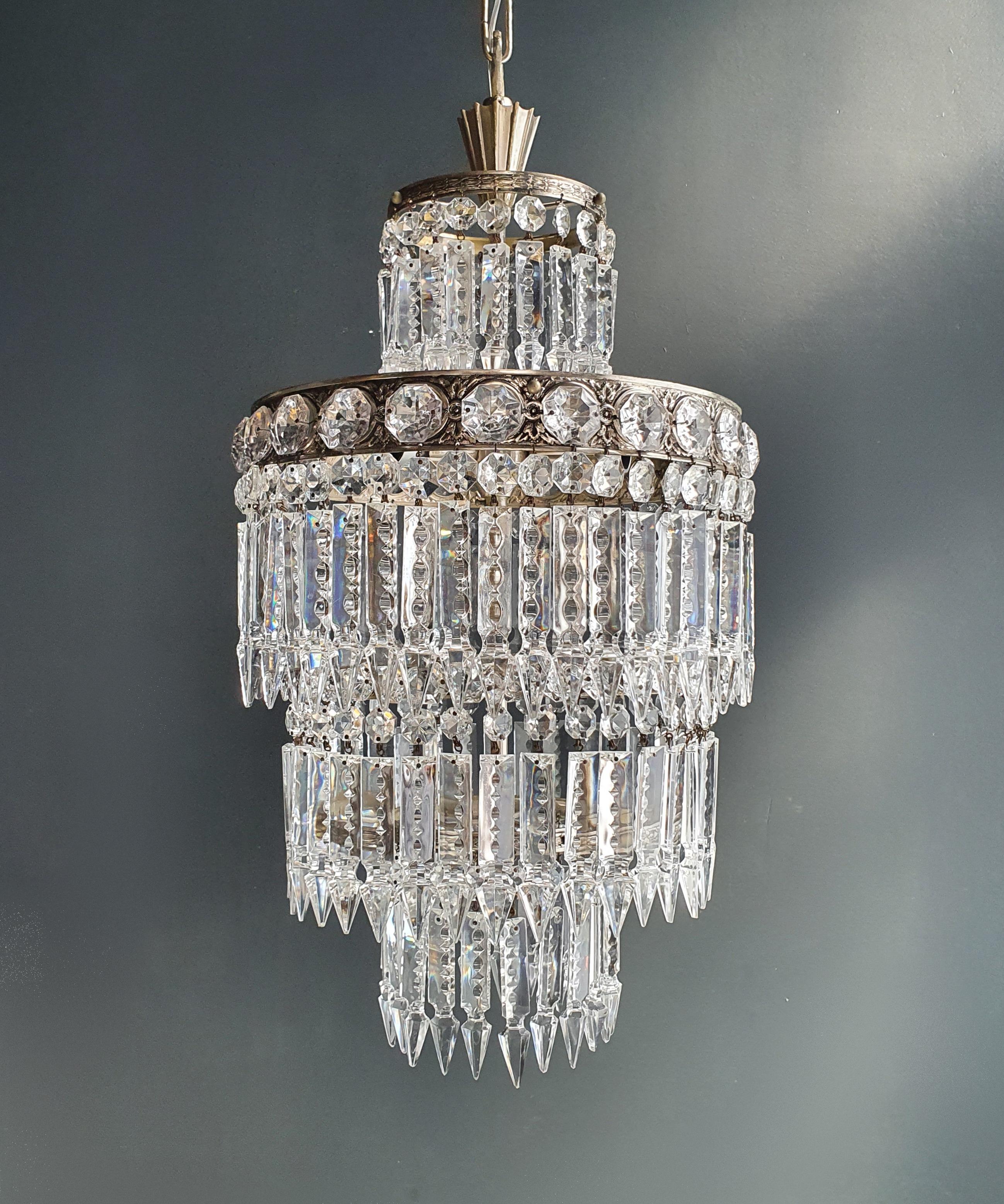 European Art Nouveau Brass Crystal Chandelier Silver For Sale