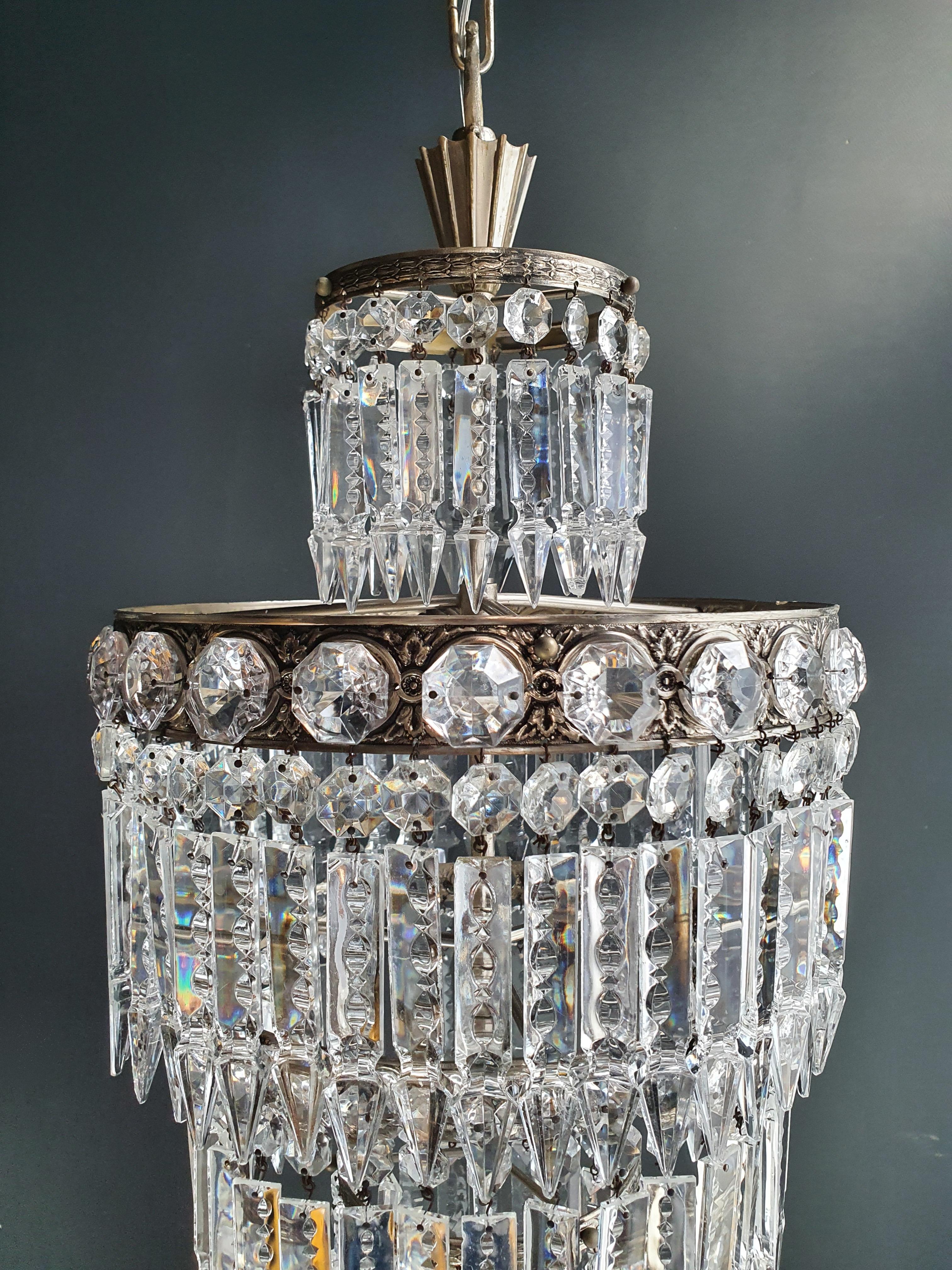 Hand-Knotted Art Nouveau Brass Crystal Chandelier Silver For Sale