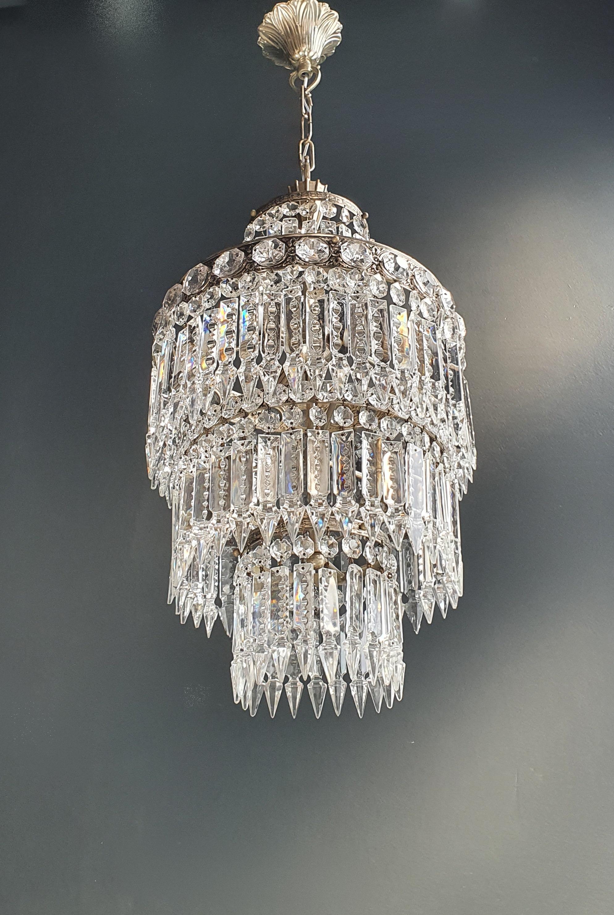 Art Nouveau Brass Crystal Chandelier Silver In Good Condition For Sale In Berlin, DE