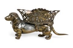 Art Nouveau Brass Dachsund Dog Figure Carrying a Basket