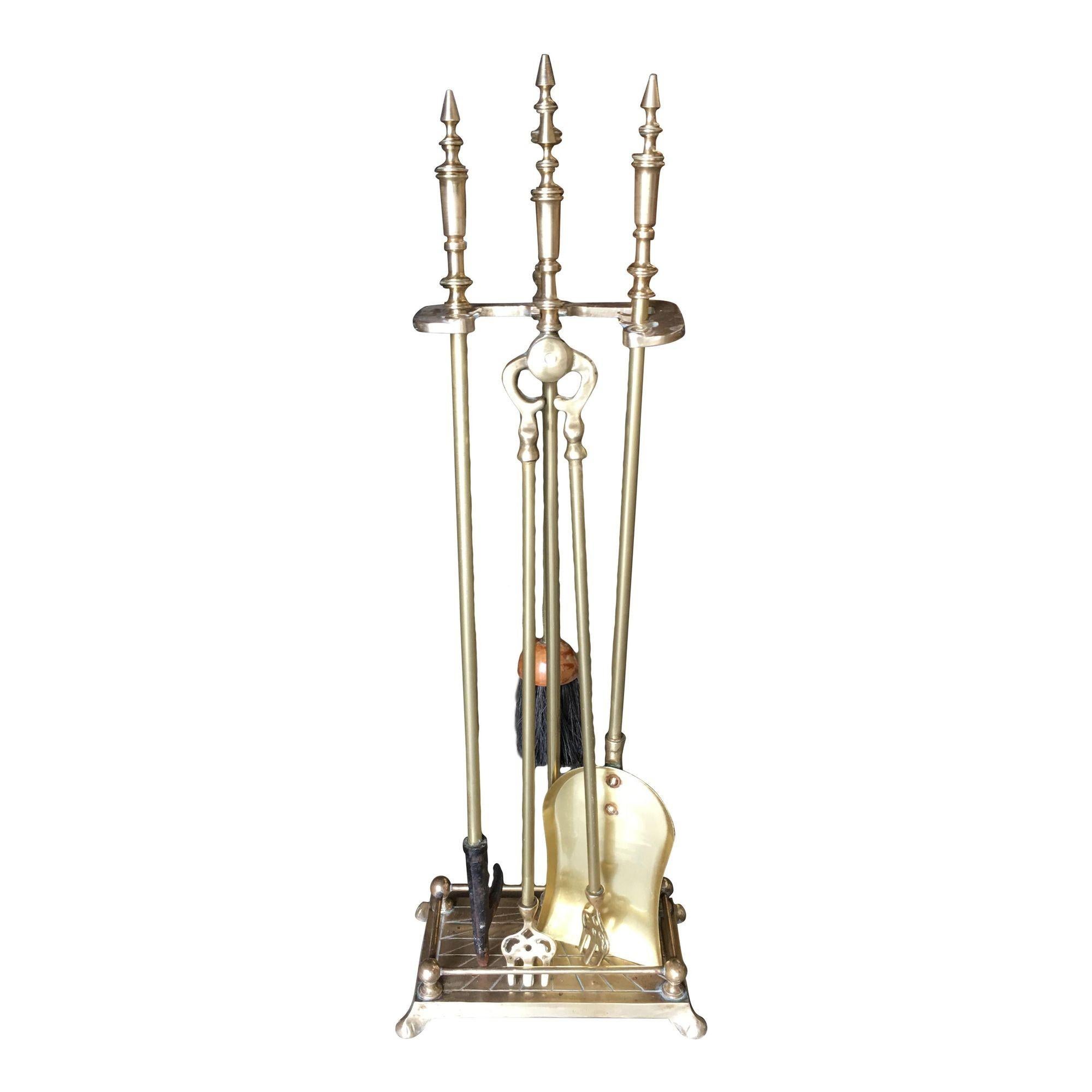 Victorian Art Nouveau Brass Fireplace Tool Set, Screen, Andiron, and Log Bucket Set For Sale