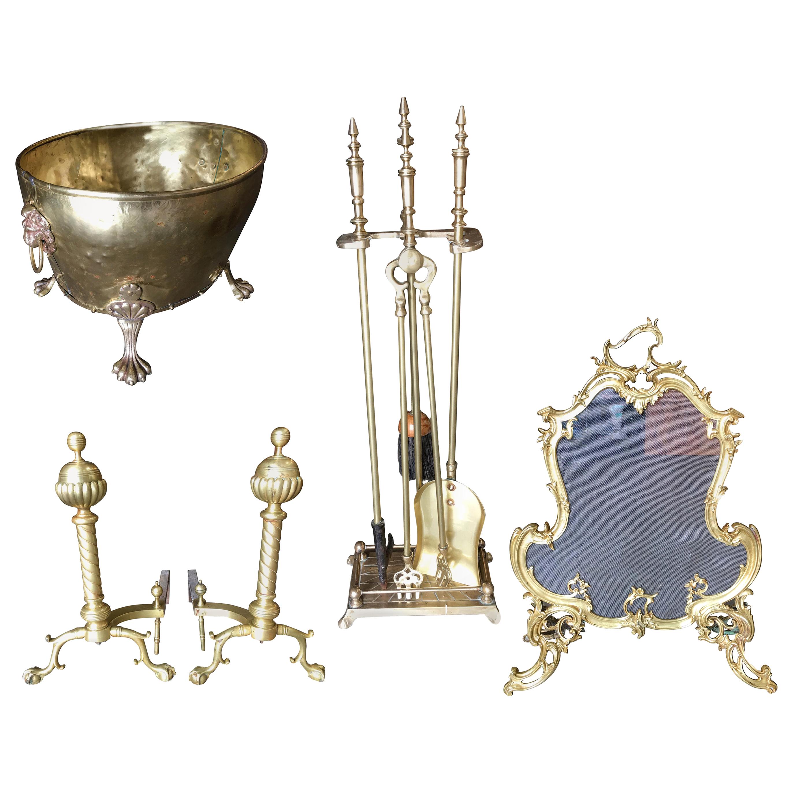 Art Nouveau Brass Fireplace Tool Set, Screen, Andiron, and Log Bucket Set For Sale