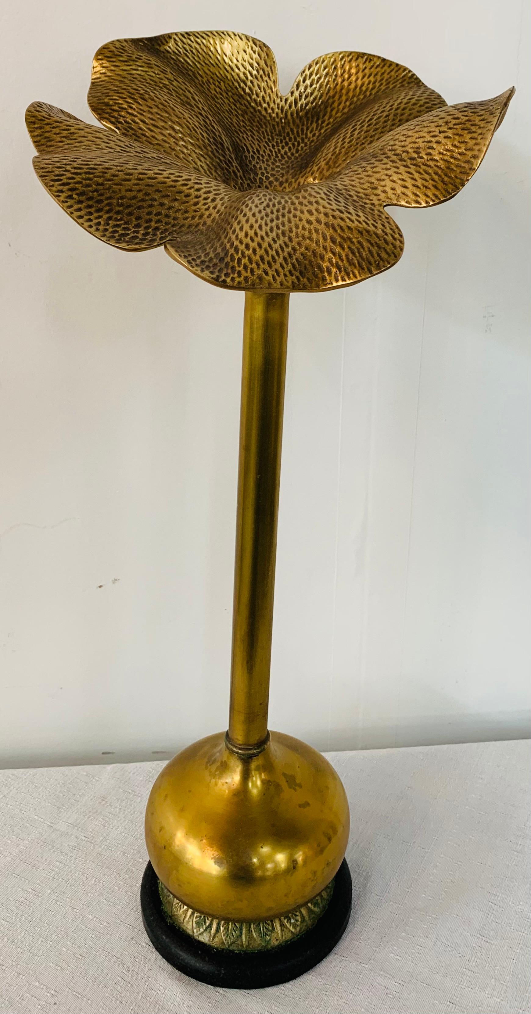 French Art Nouveau Brass Flower Candleholder on Black Marble