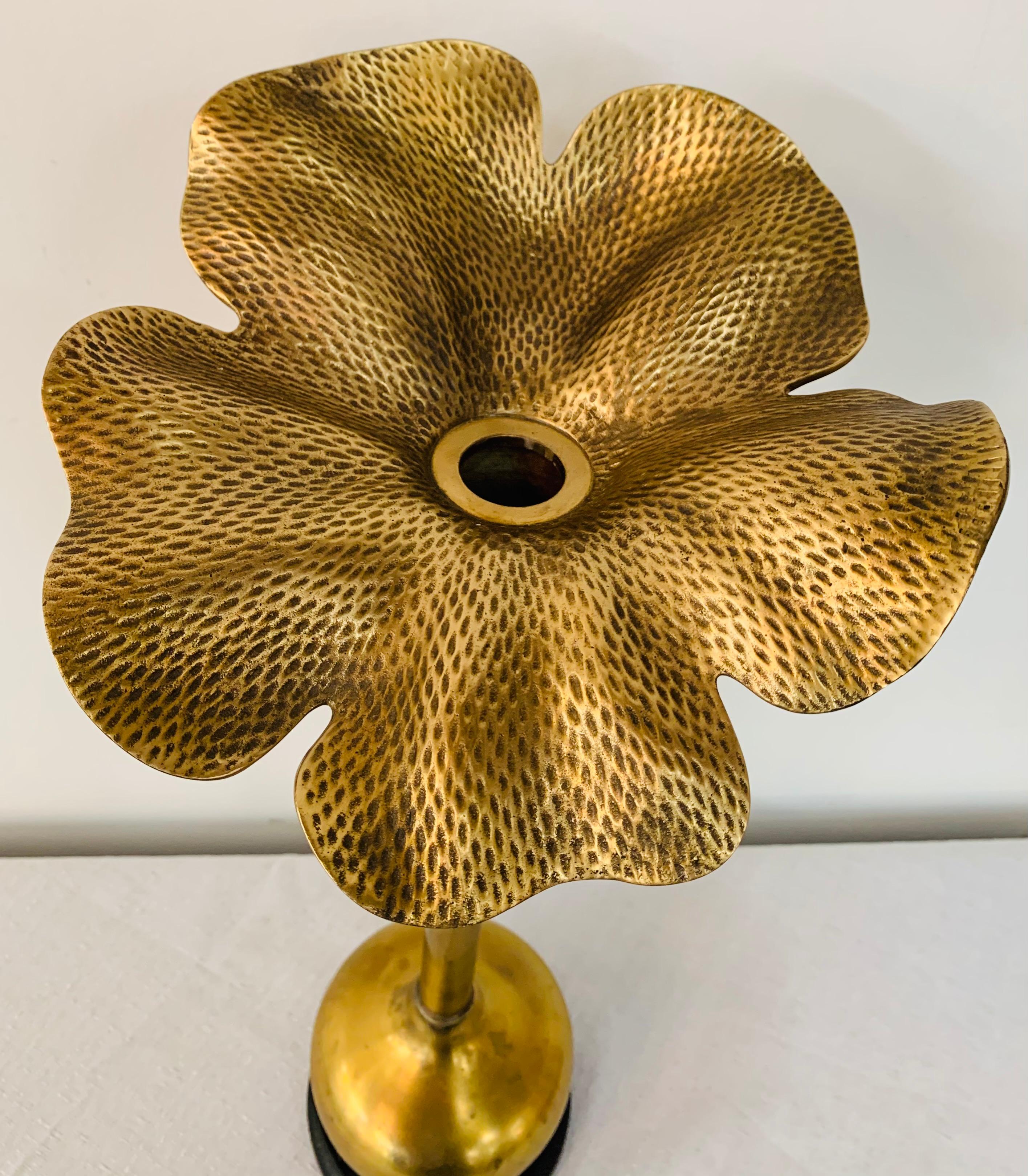 Art Nouveau Brass Flower Candleholder on Black Marble In Good Condition In Plainview, NY