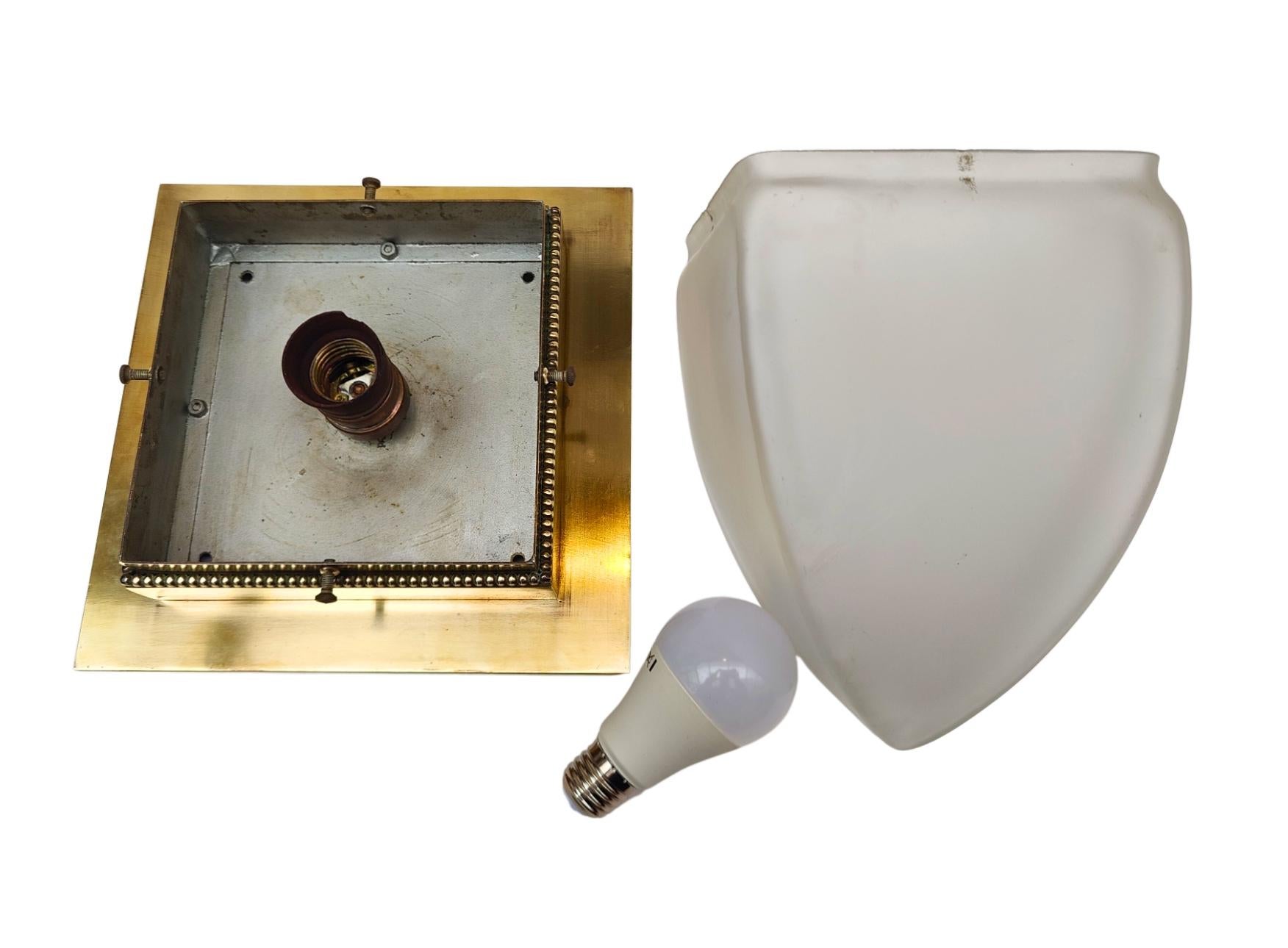 Art Nouveau Brass Flush Mount Ceiling Light with Frosted Glass Shade, circa 1910 For Sale 5