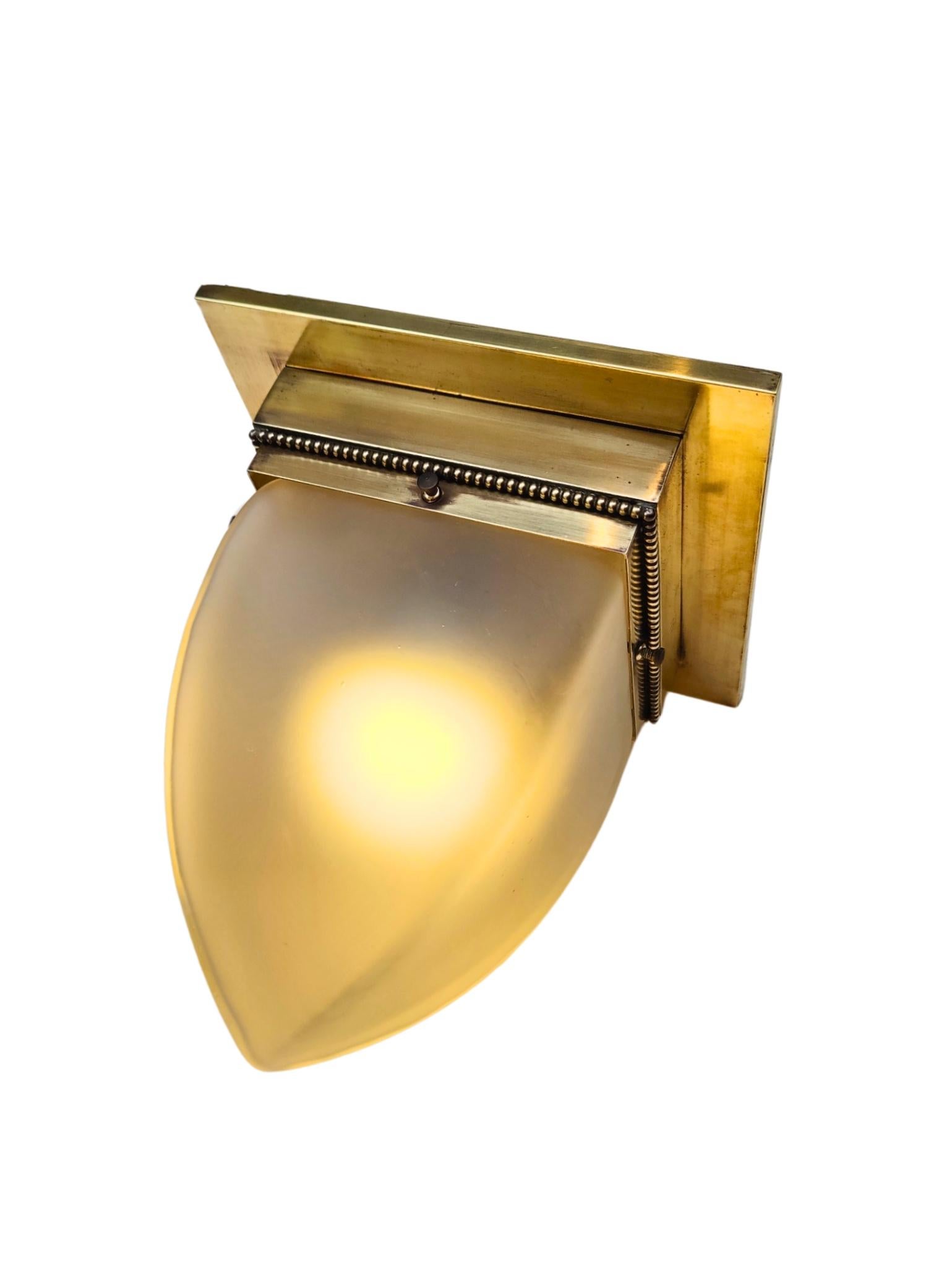 German Art Nouveau Brass Flush Mount Ceiling Light with Frosted Glass Shade, circa 1910 For Sale