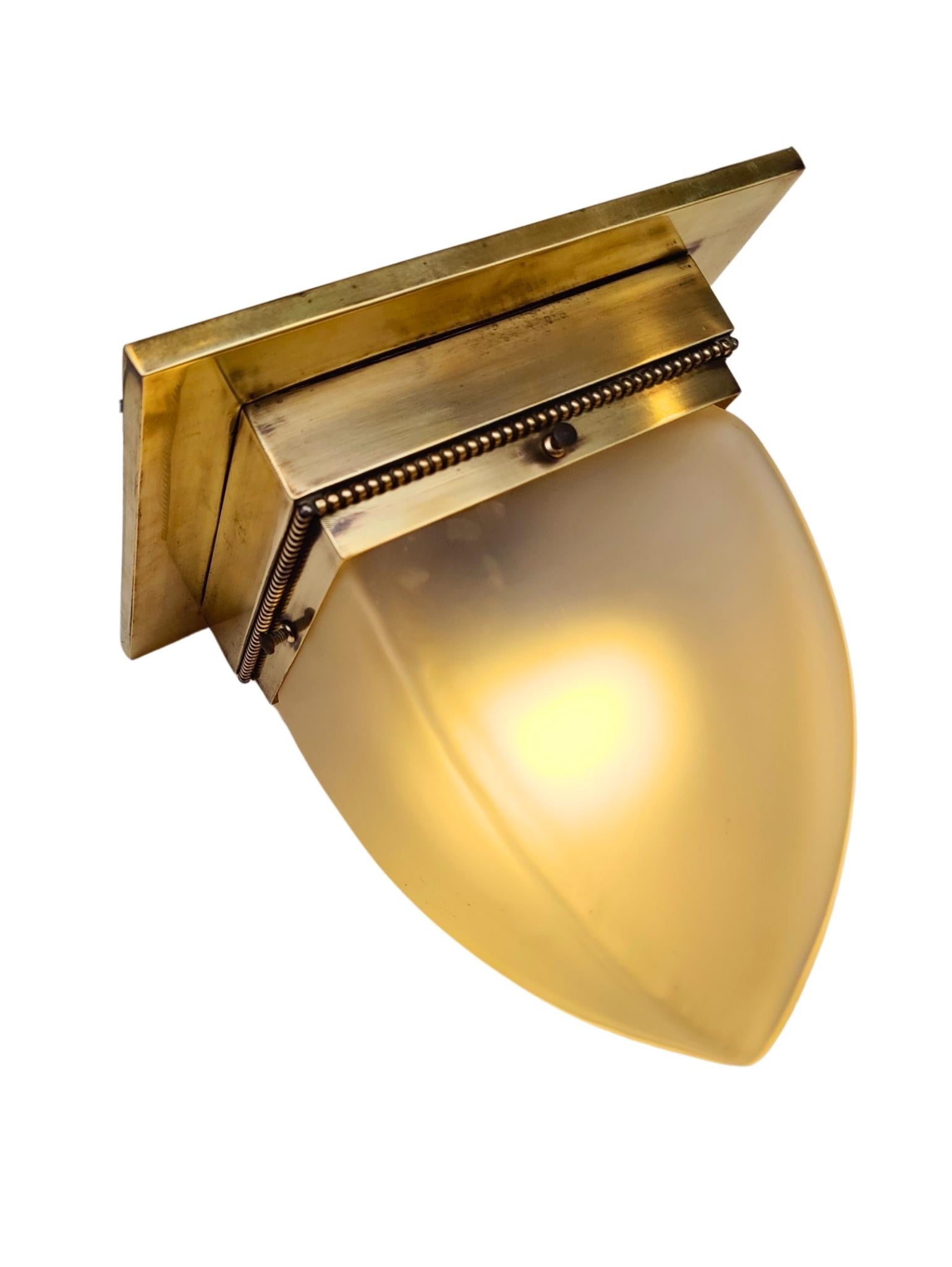 Art Nouveau Brass Flush Mount Ceiling Light with Frosted Glass Shade, circa 1910 In Good Condition For Sale In Darmstadt, DE