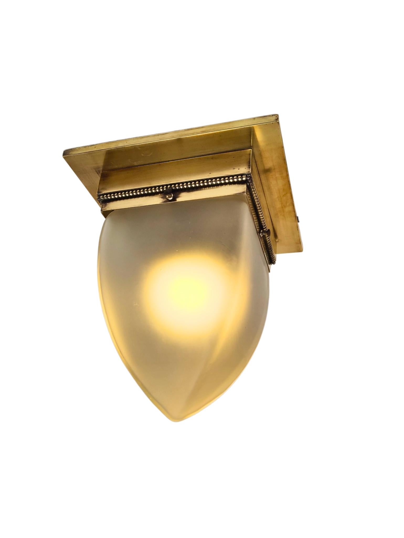20th Century Art Nouveau Brass Flush Mount Ceiling Light with Frosted Glass Shade, circa 1910 For Sale
