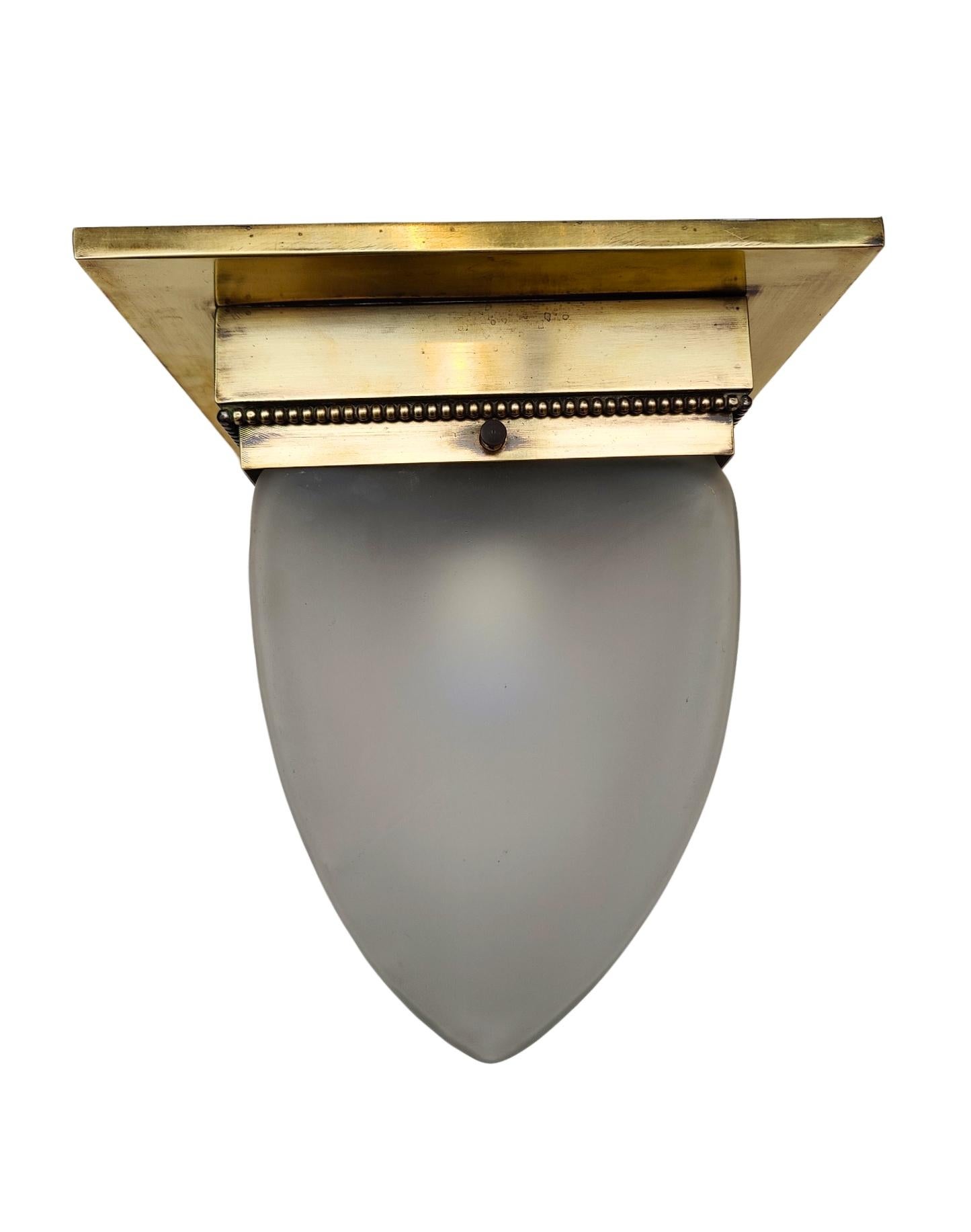 Art Nouveau Brass Flush Mount Ceiling Light with Frosted Glass Shade, circa 1910 For Sale 2