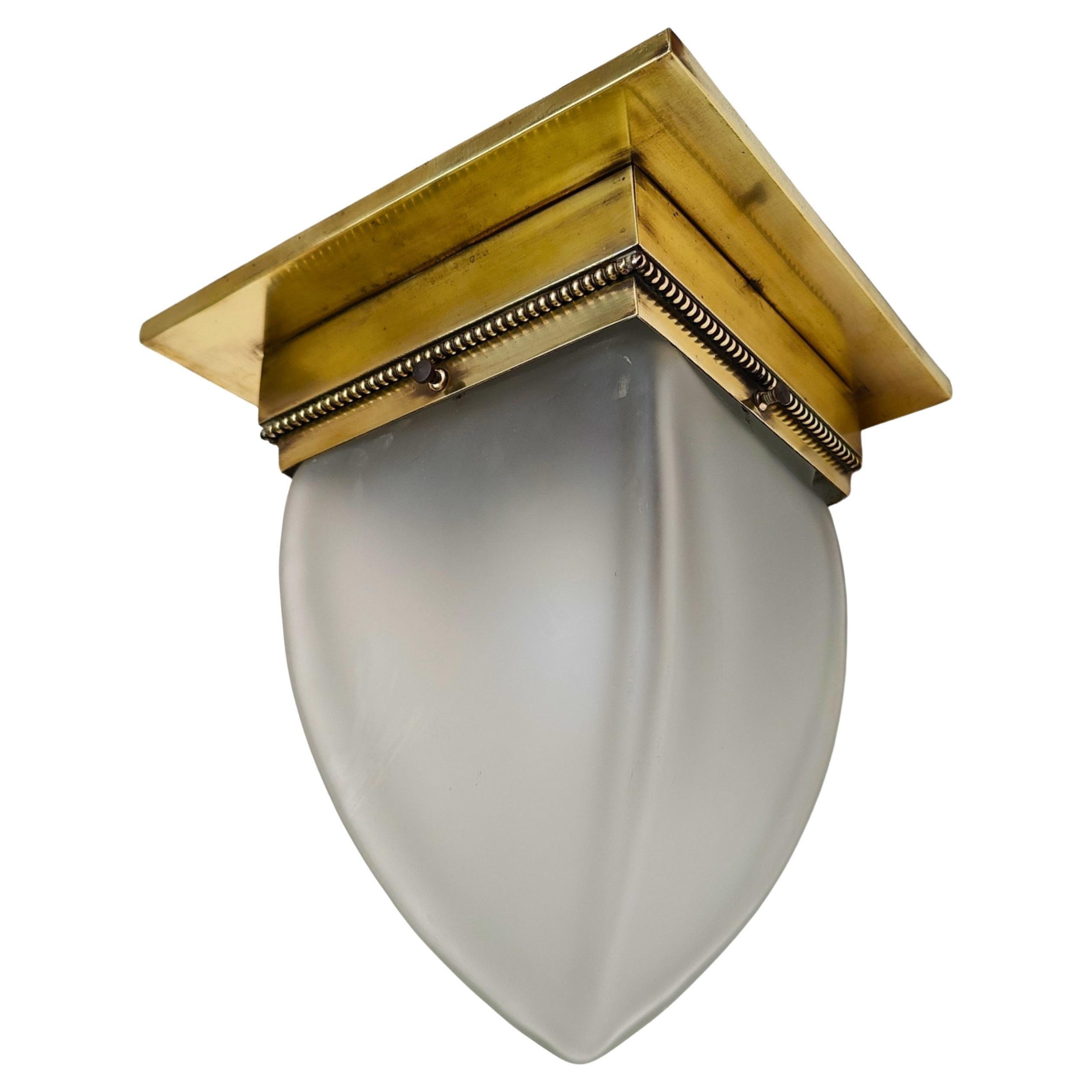 Art Nouveau Brass Flush Mount Ceiling Light with Frosted Glass Shade, circa 1910 For Sale