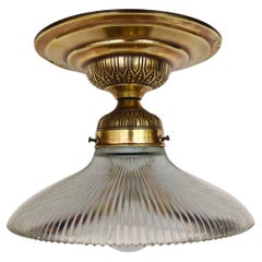 Antique Art Nouveau Brass Flush Mount with Ribbed Glass Shade