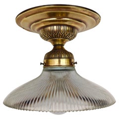 Antique Art Nouveau Brass Flush Mount with Ribbed Glass Shade