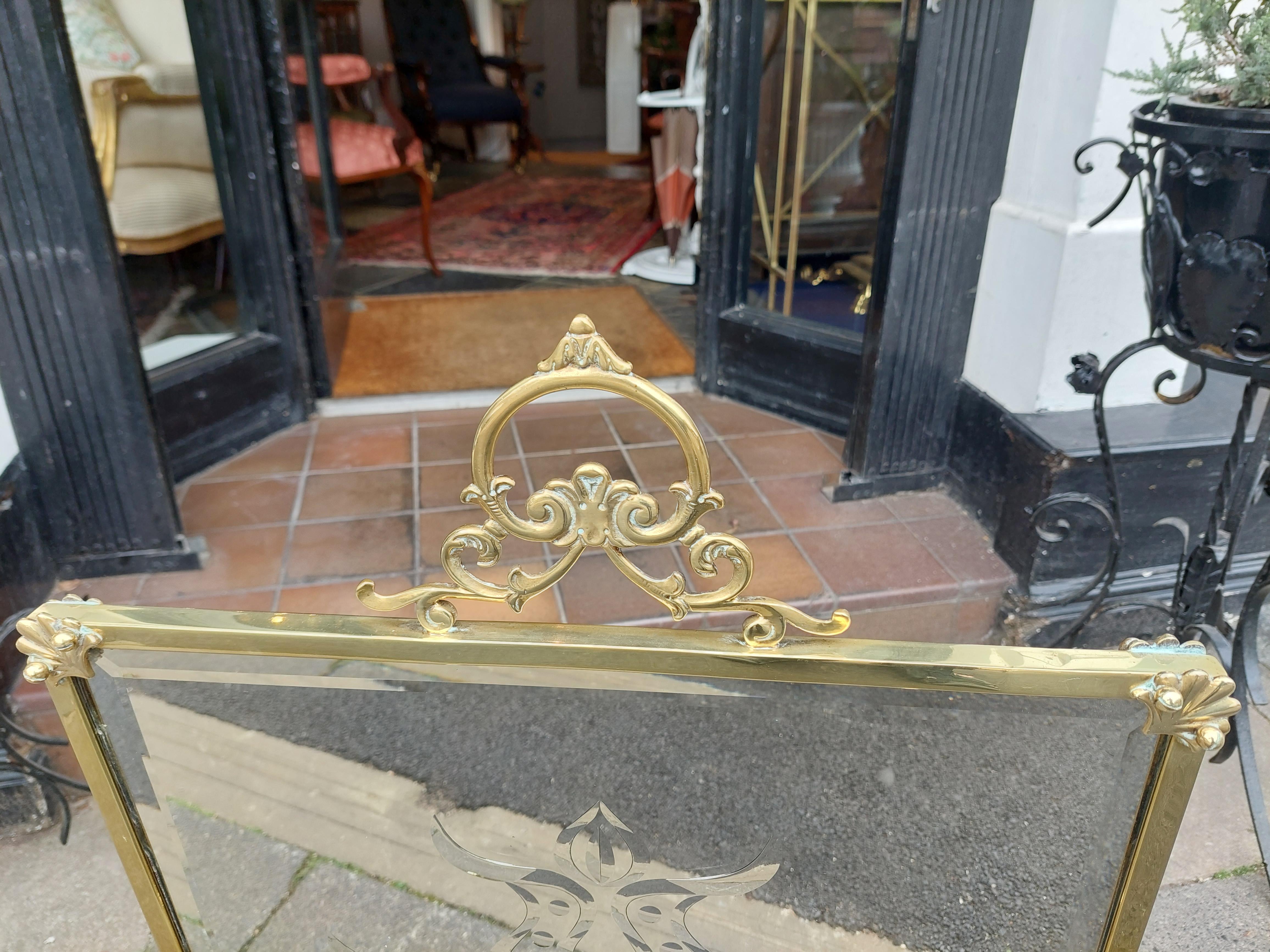 Art Nouveau Brass Framed Fire Screen with Double Beveled Etched Mirror Glass 19