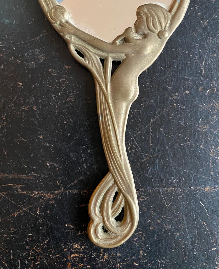 Art Nouveau Brass Hand Mirror For Sale at 1stDibs