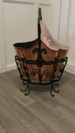 Antique Art Nouveau Copper Helmet Coal Scuttle with Wrought Iron Stand