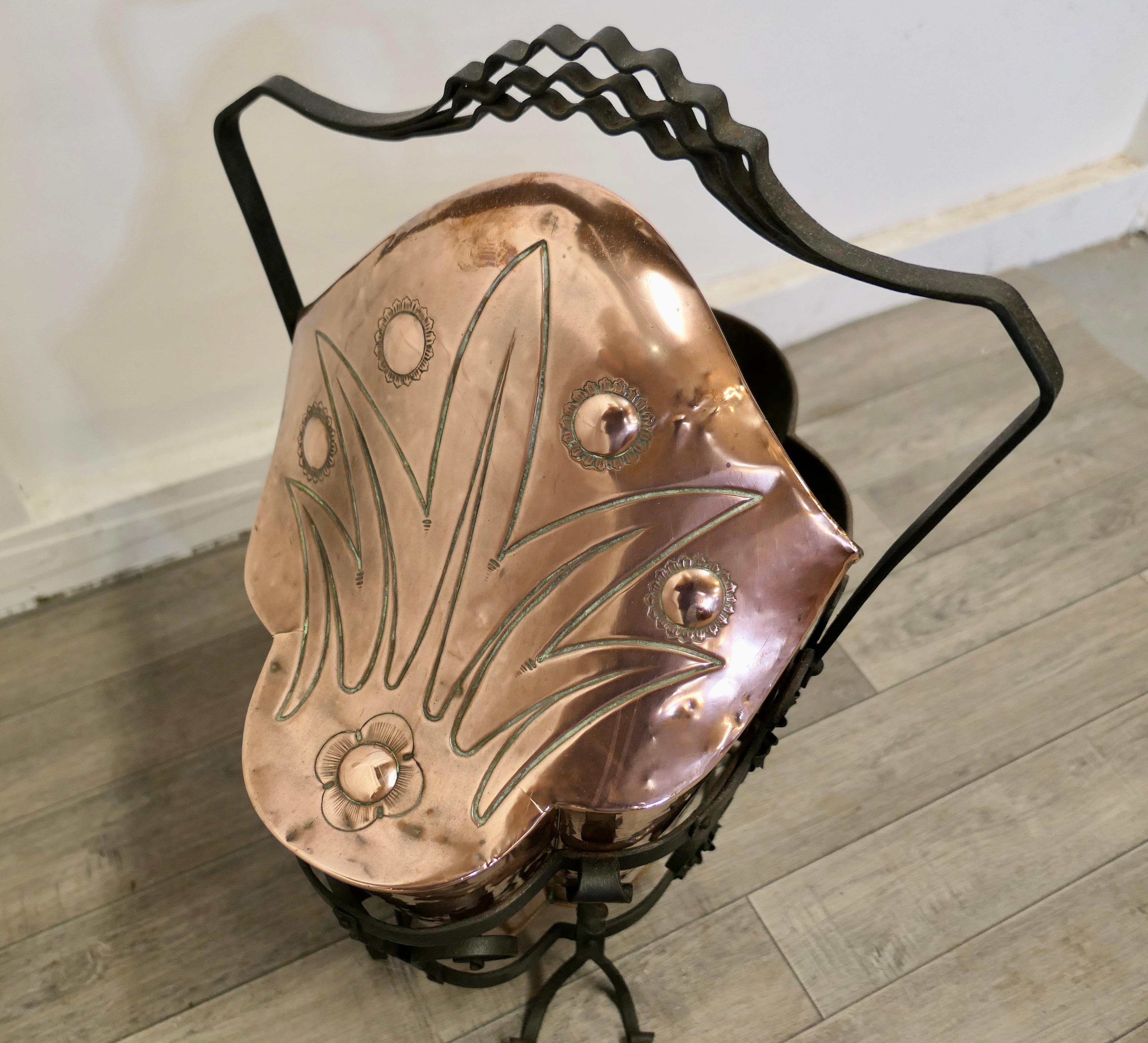 Copper Art Nouveau Brass Helmet Coal Scuttle For Sale