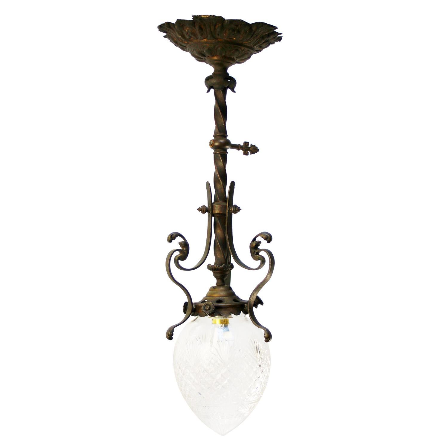 Art Nouveau Brass & Iron, Clear Cut Glass Flush Mount For Sale 6