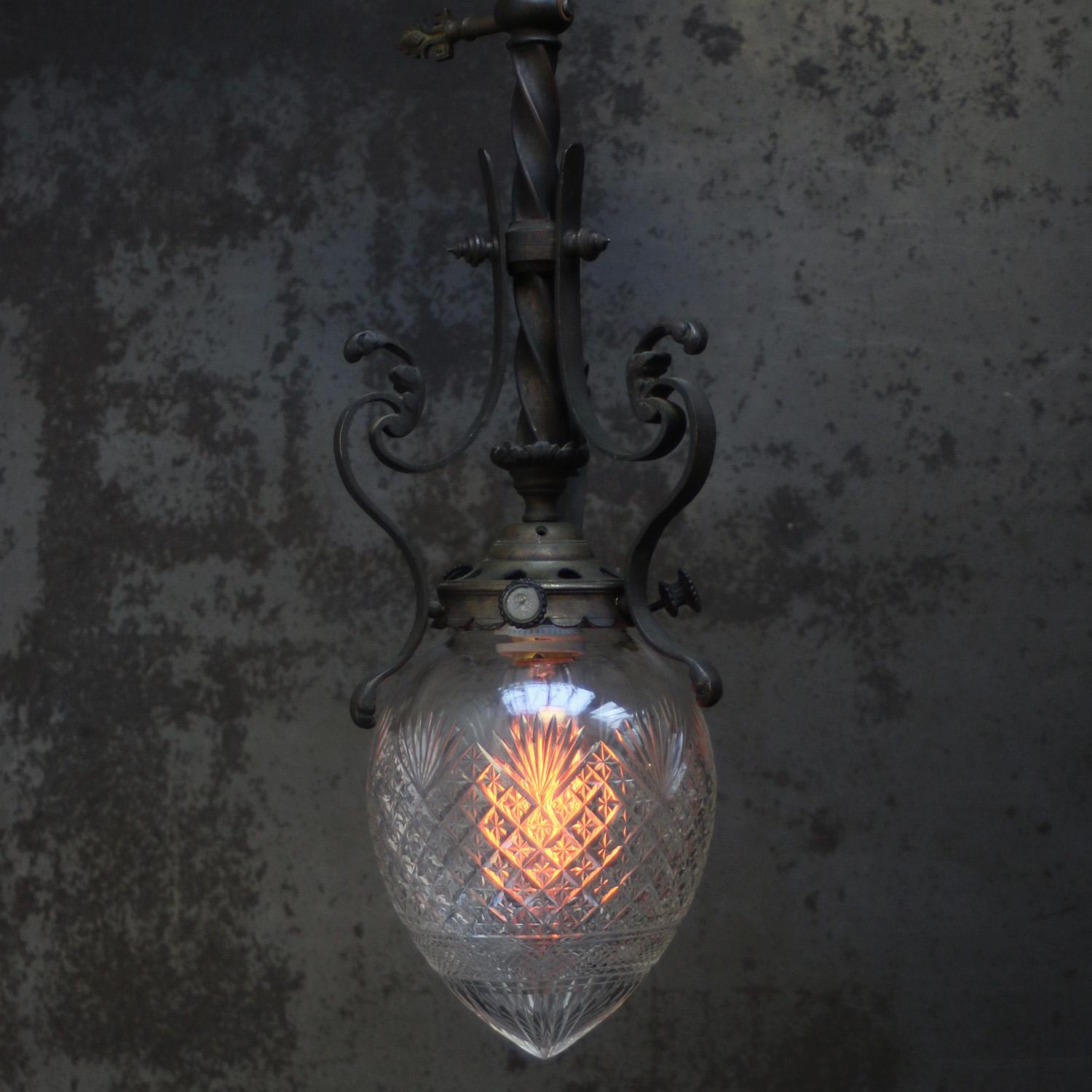 Art Nouveau Brass & Iron, Clear Cut Glass Flush Mount In Good Condition For Sale In Amsterdam, NL
