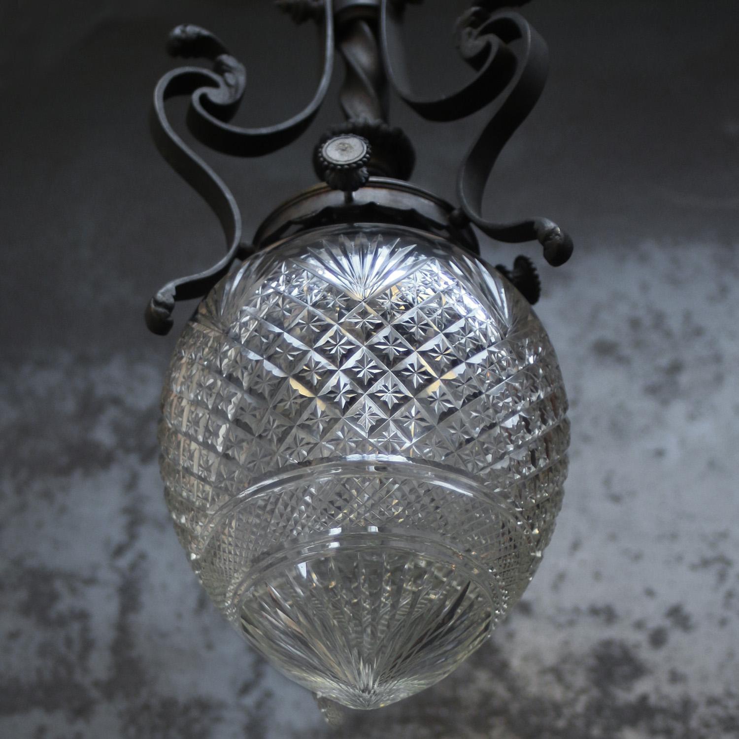 Art Nouveau Brass & Iron, Clear Cut Glass Flush Mount For Sale 1