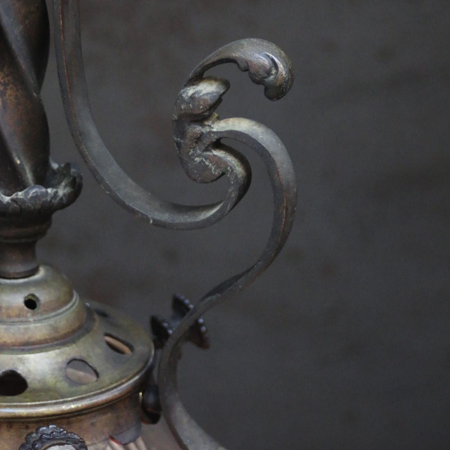 Art Nouveau Brass & Iron, Clear Cut Glass Flush Mount For Sale 2