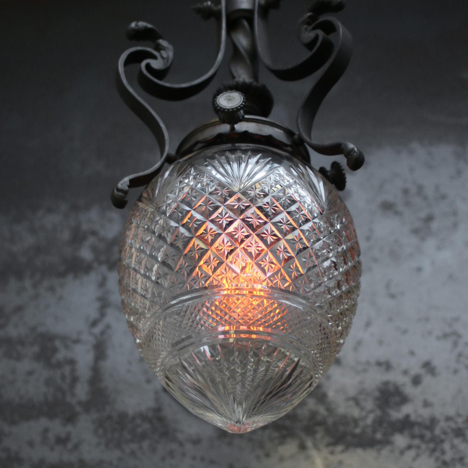 Art Nouveau Brass & Iron, Clear Cut Glass Flush Mount For Sale 3
