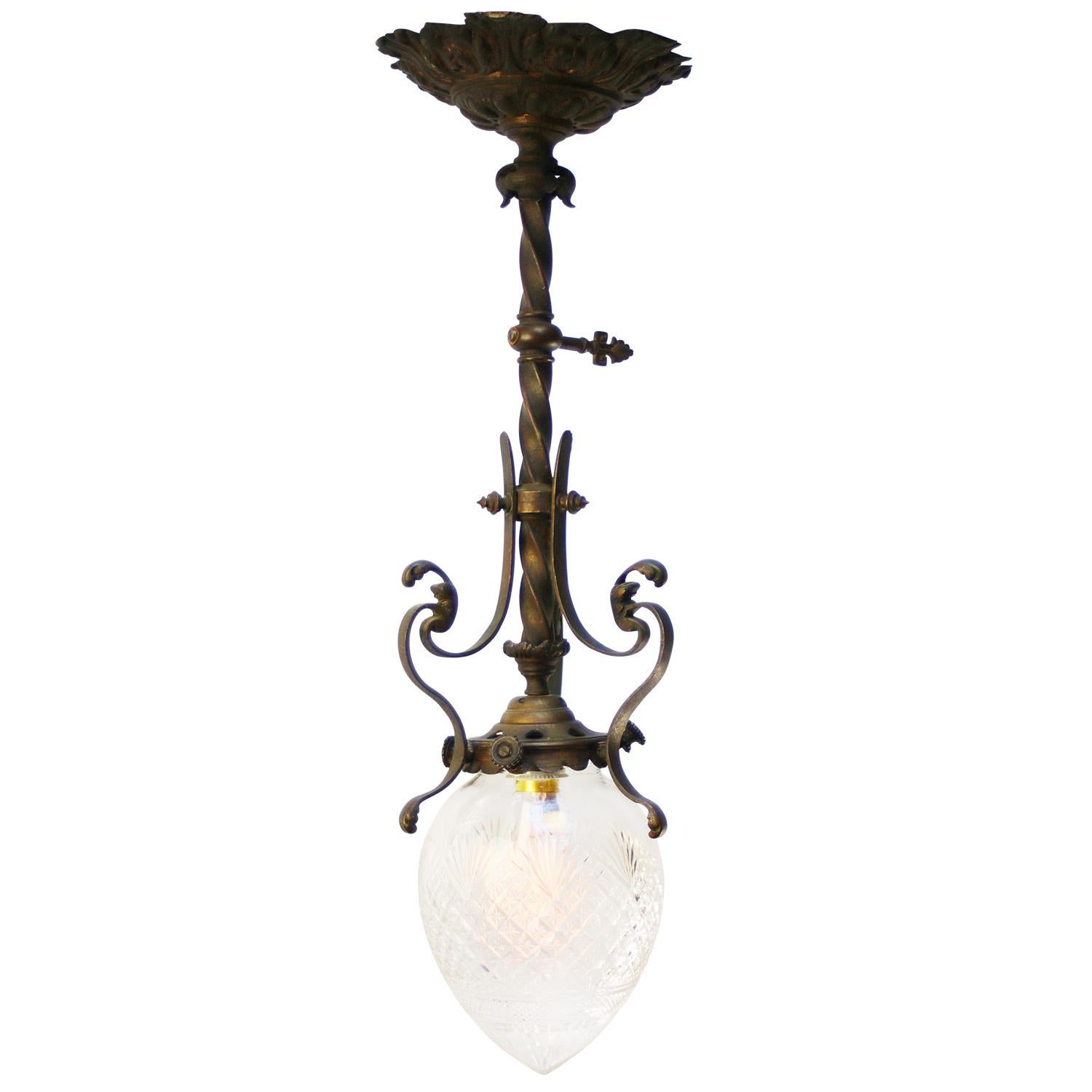 Art Nouveau Brass & Iron, Clear Cut Glass Flush Mount For Sale