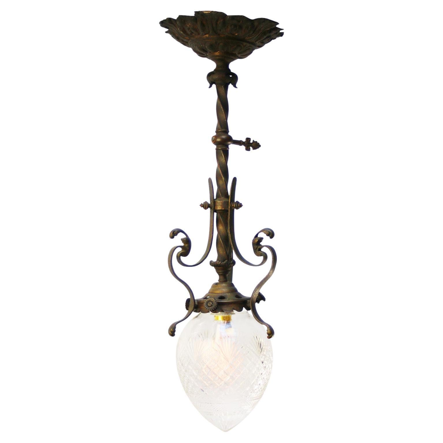 Art Nouveau Brass & Iron, Clear Cut Glass Flush Mount