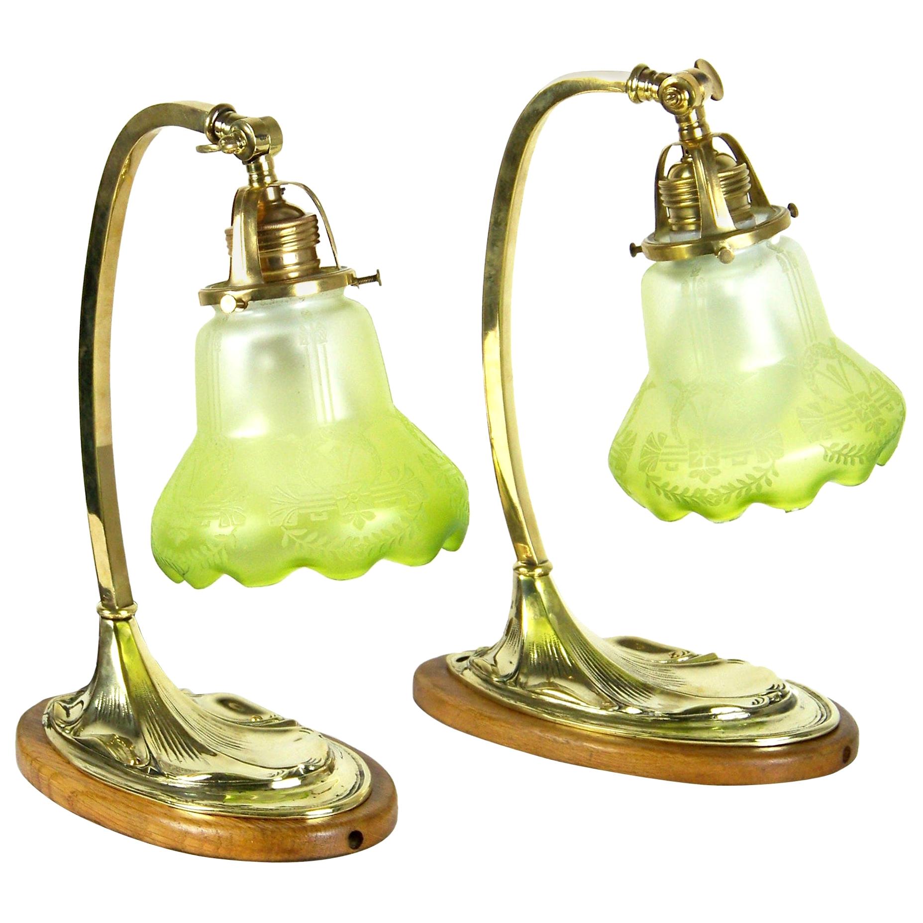 Art Nouveau Brass Lamps, Pair, circa 1900