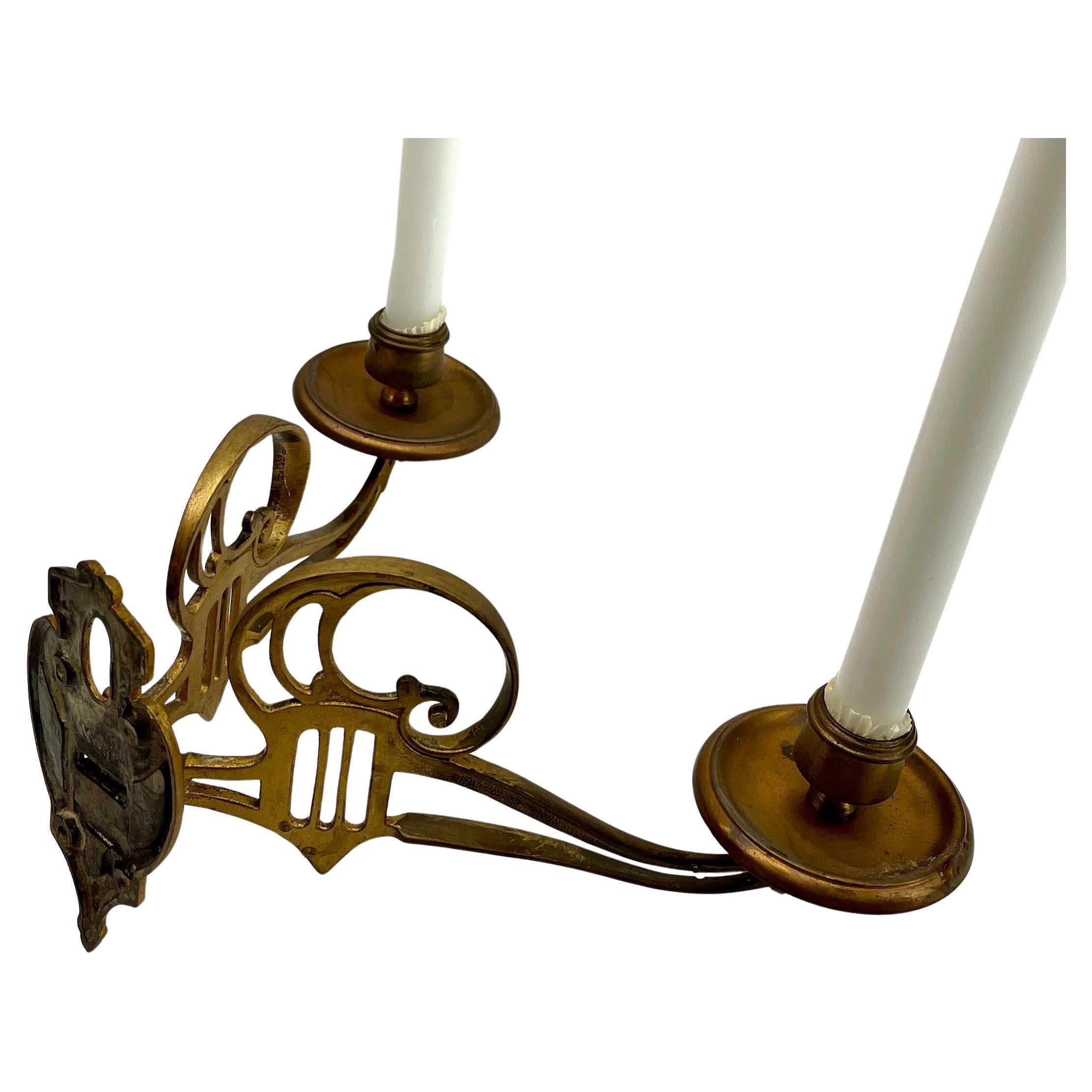 Mid-20th Century Art Nouveau Brass Pair of Wall Mount Candlesticks, 1930s For Sale