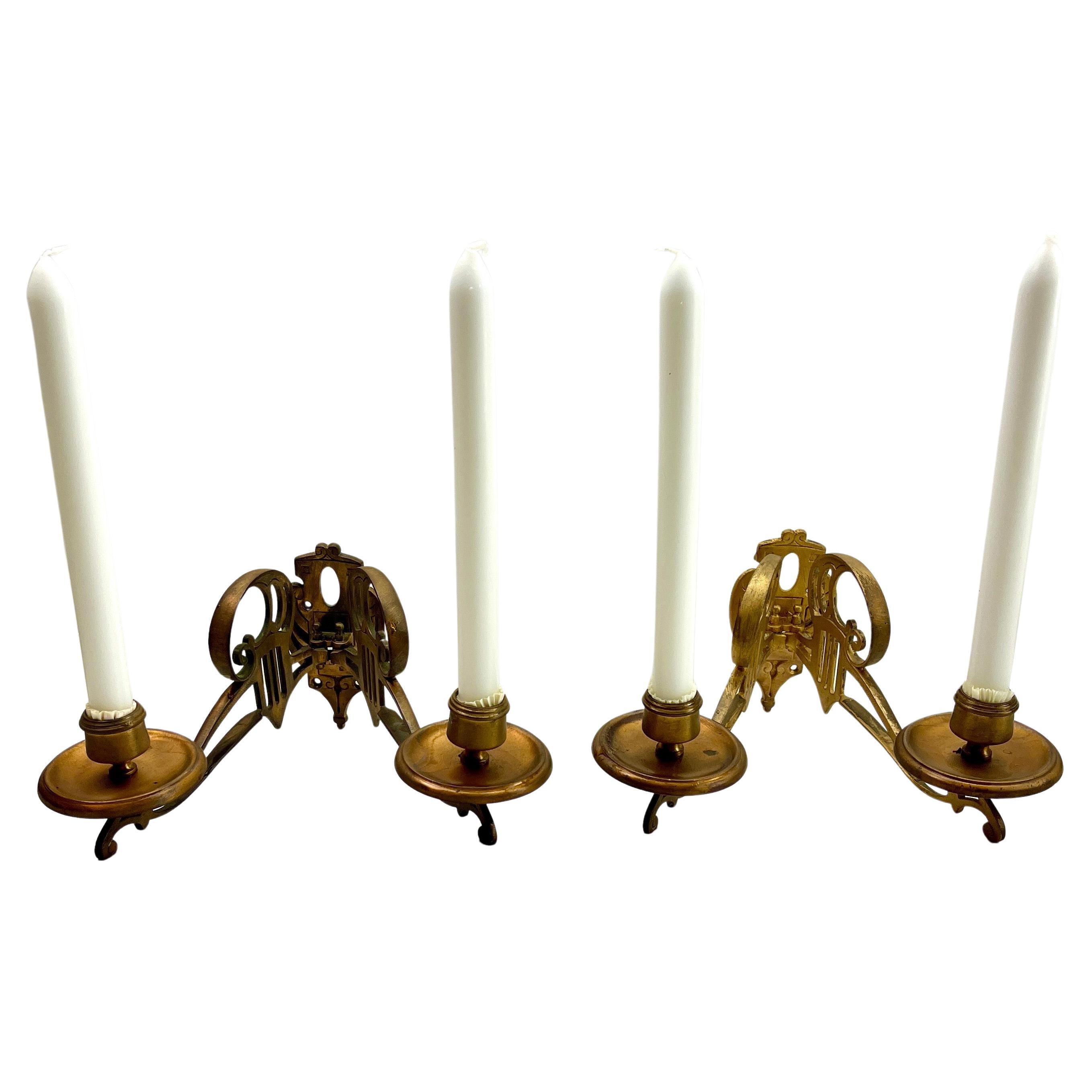 Art Nouveau Brass Pair of Wall Mount Candlesticks, 1930s For Sale