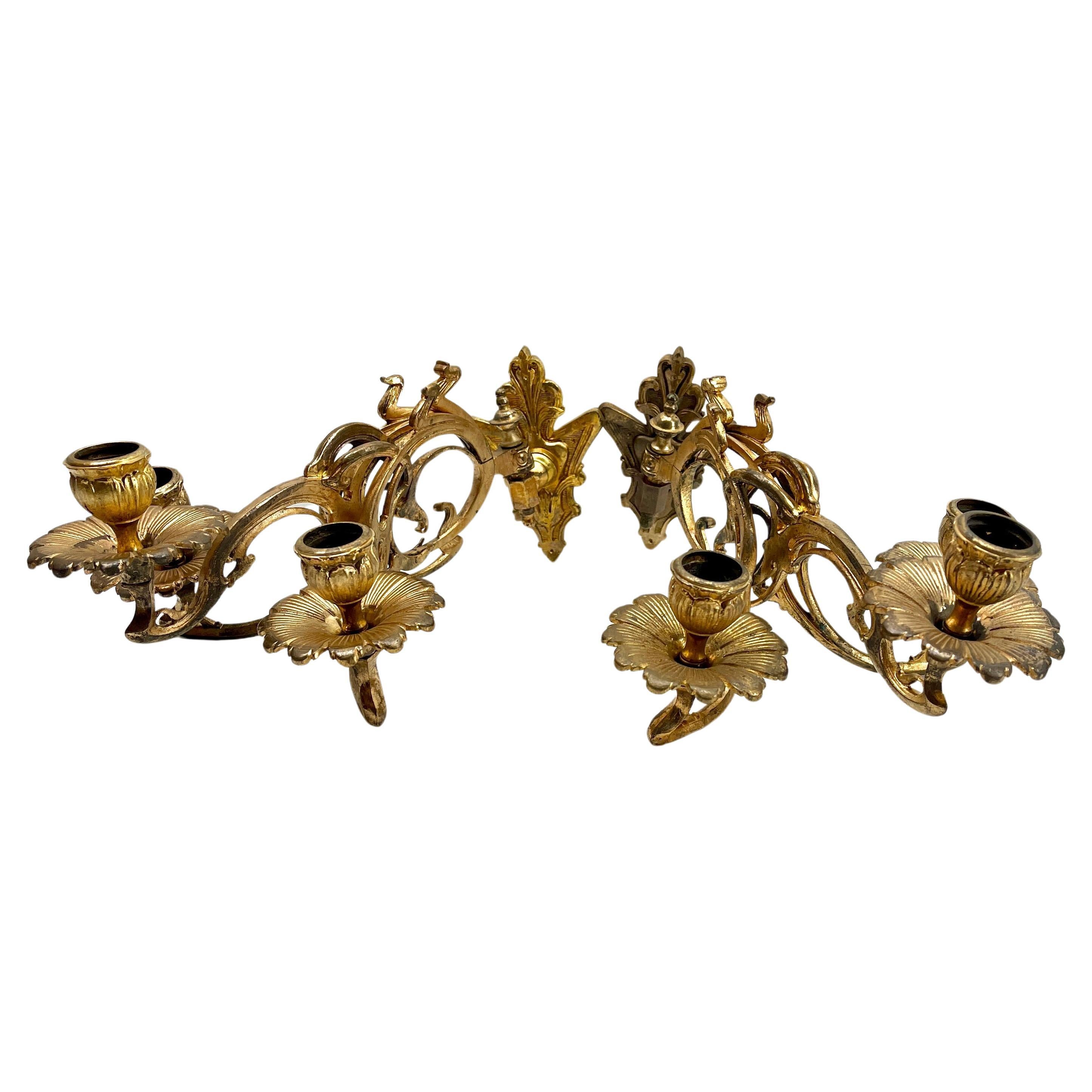 Paire de chandeliers muraux en laiton Art Nouveau, années 1930
