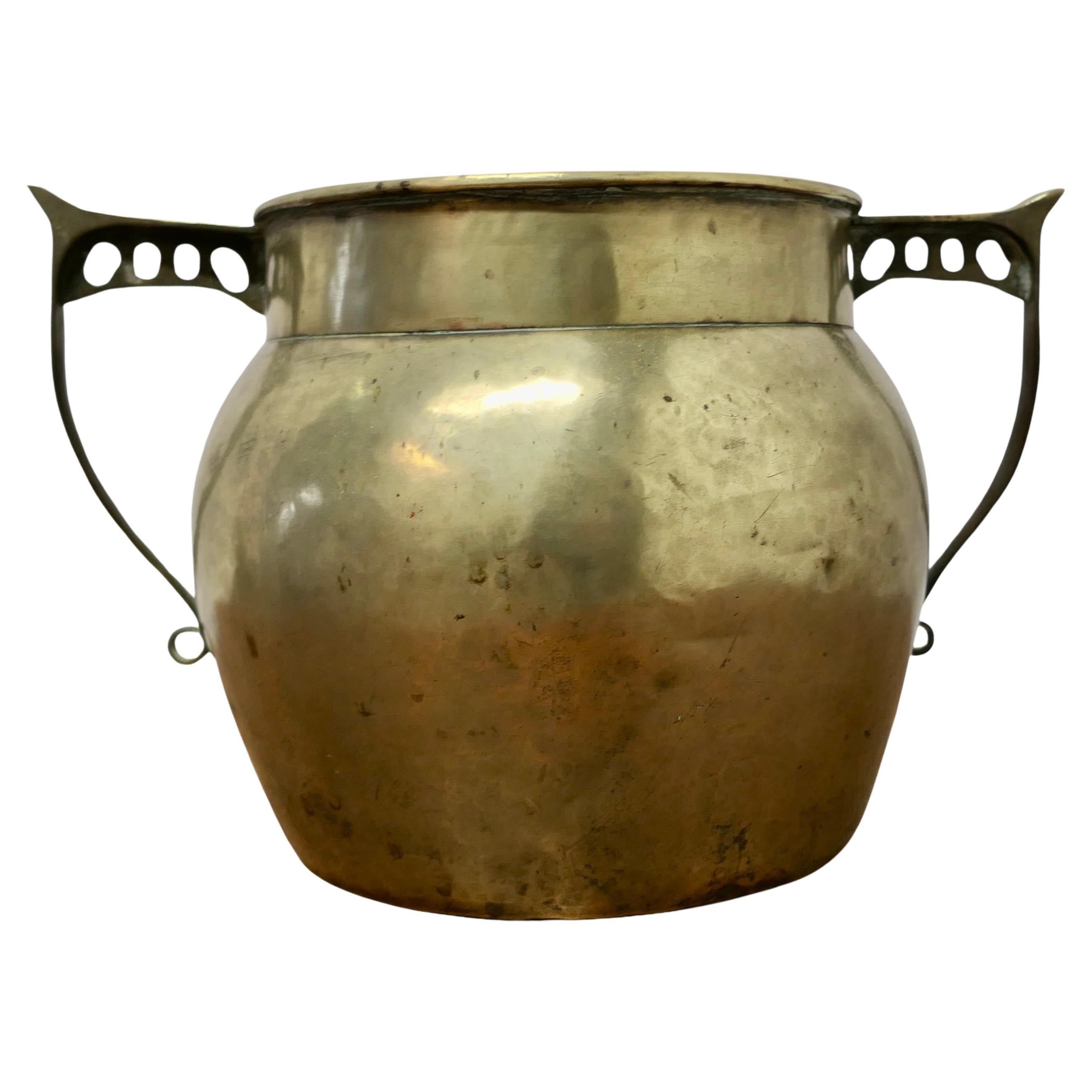 Art Nouveau Brass Planter   This is a lovely big beaten brass pot  For Sale