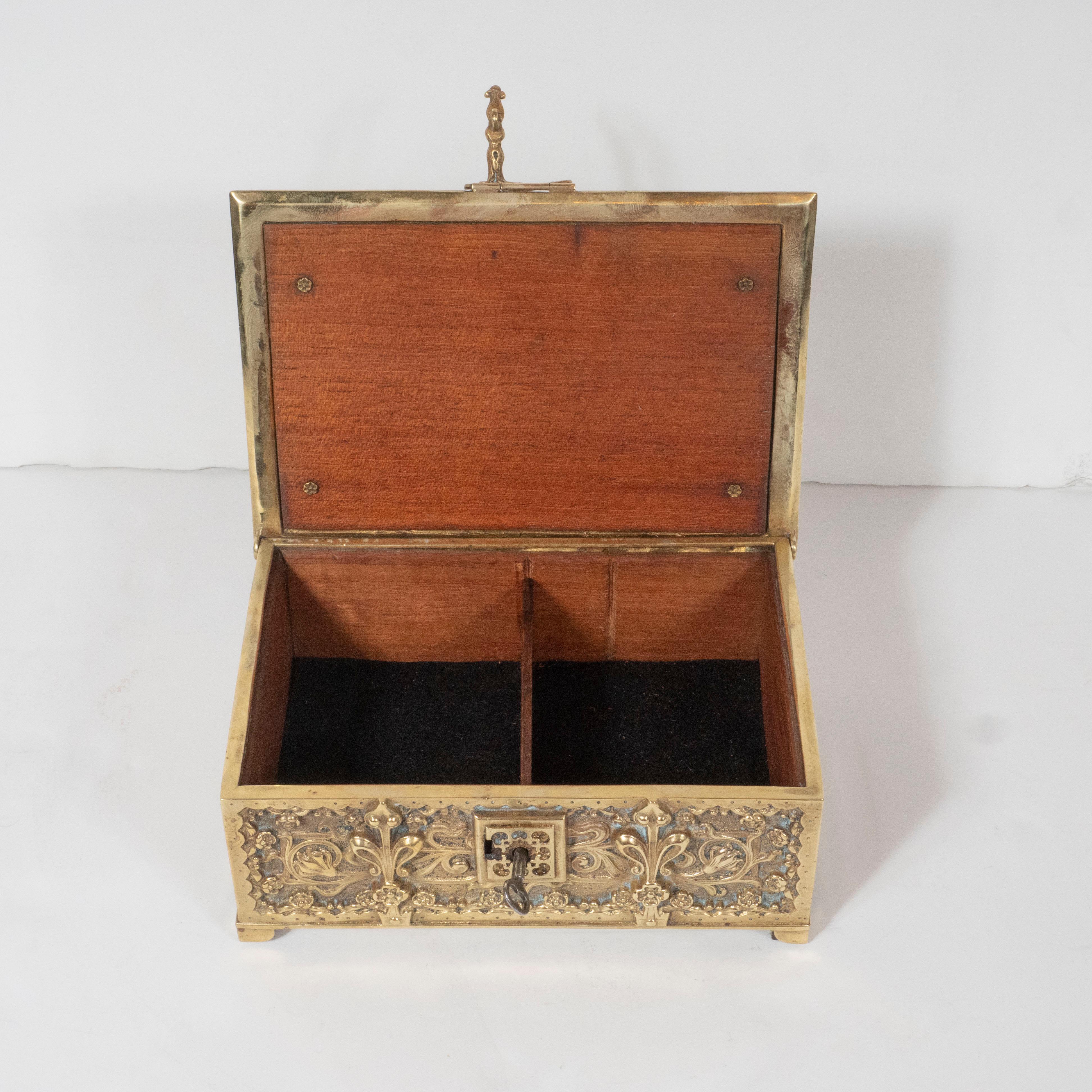 Art Nouveau Brass Repoussé Box with Stylized Fleur-de-Lis and Foliate Motifs 6