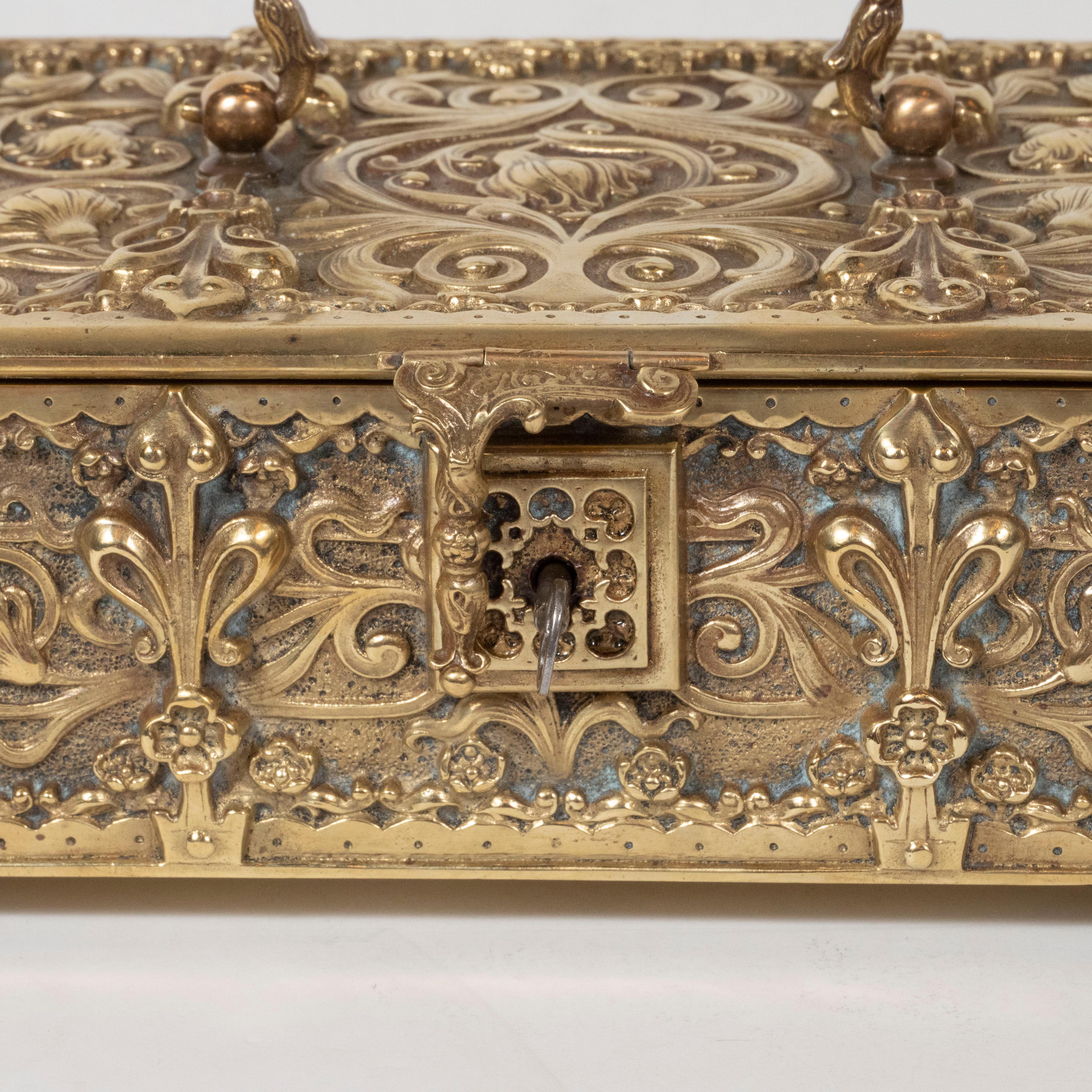 American Art Nouveau Brass Repoussé Box with Stylized Fleur-de-Lis and Foliate Motifs