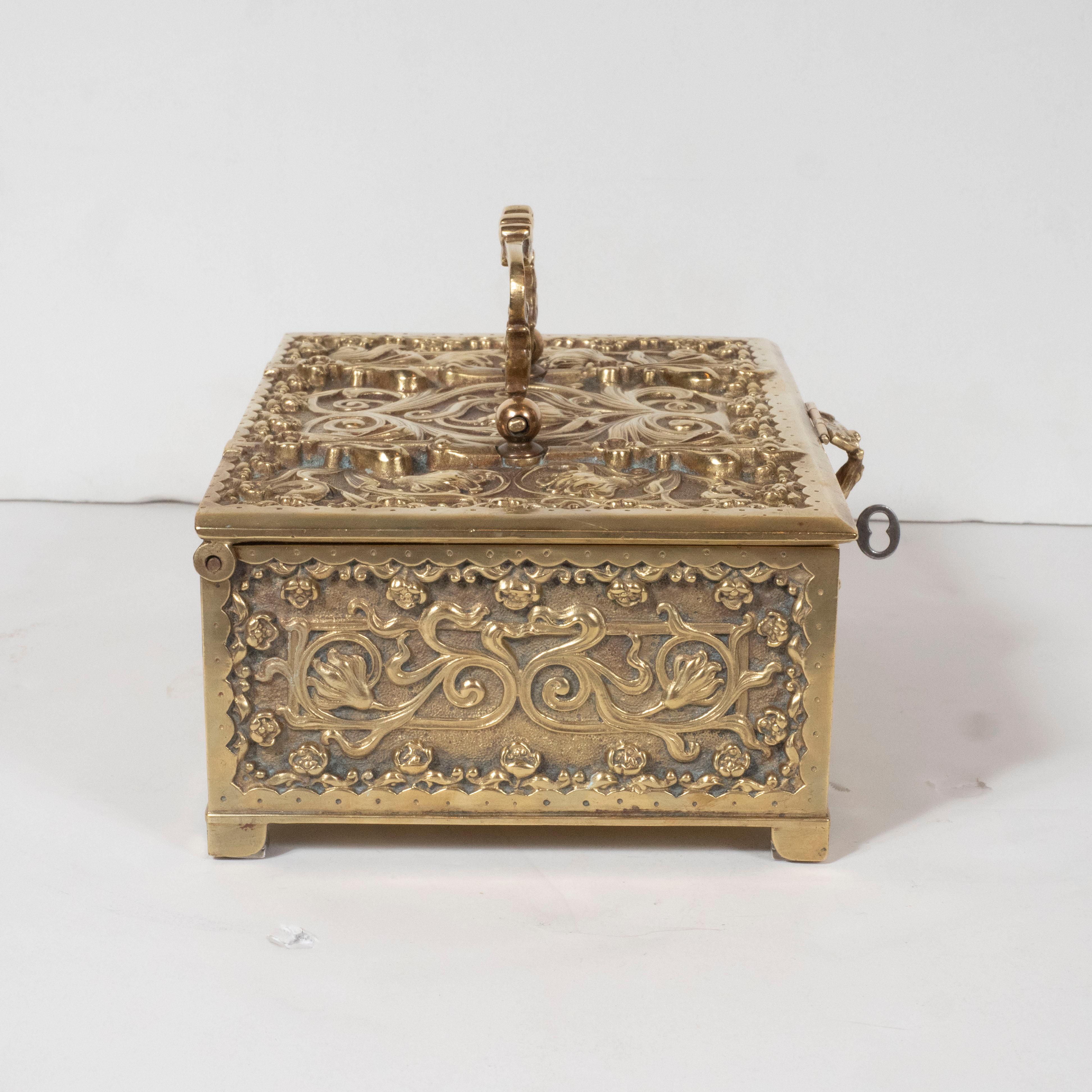 Art Nouveau Brass Repoussé Box with Stylized Fleur-de-Lis and Foliate Motifs 1