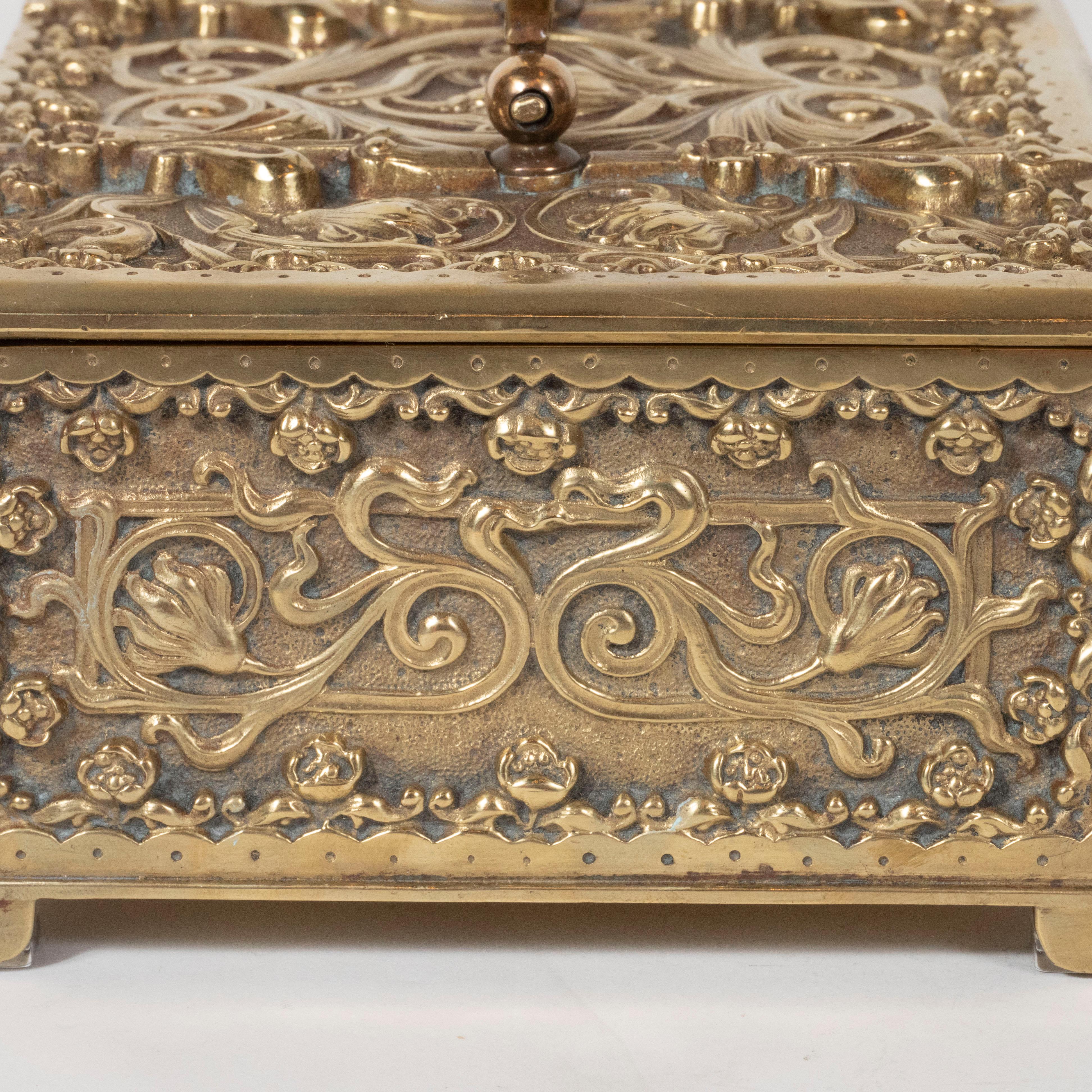 Art Nouveau Brass Repoussé Box with Stylized Fleur-de-Lis and Foliate Motifs 2