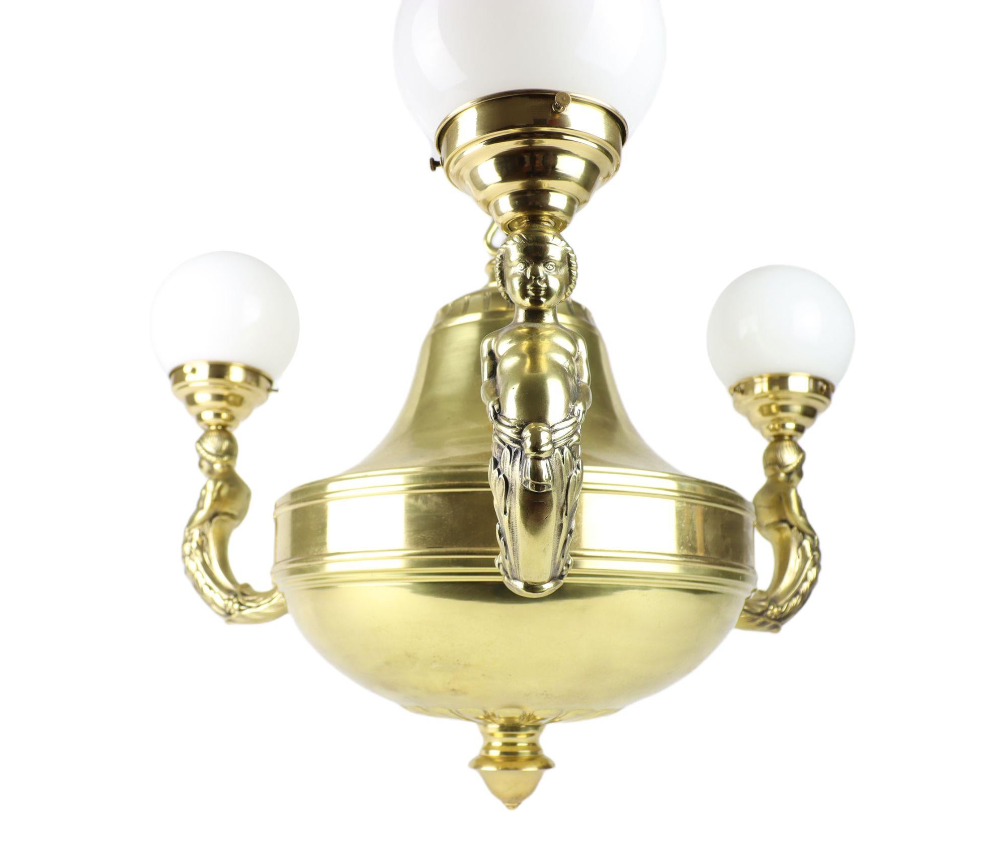 Art Nouveau Brass Representative Figural Chandelier For Sale 5