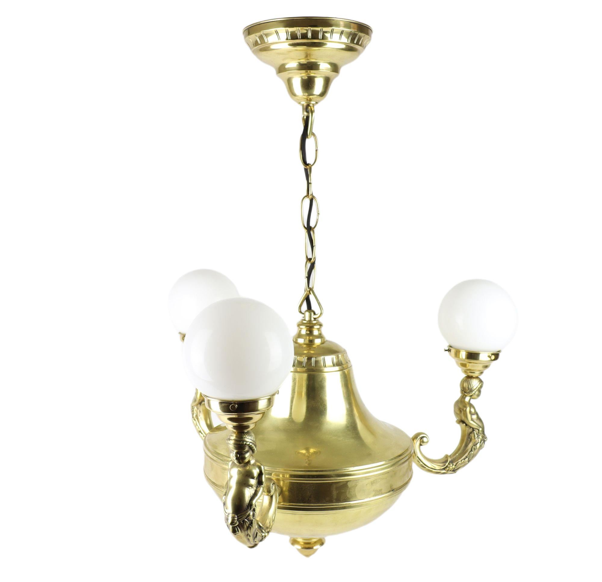 Art Nouveau Brass Representative Figural Chandelier In Good Condition For Sale In Brno, CZ