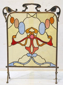 Art Nouveau Brass & Stained Glass Firescreen