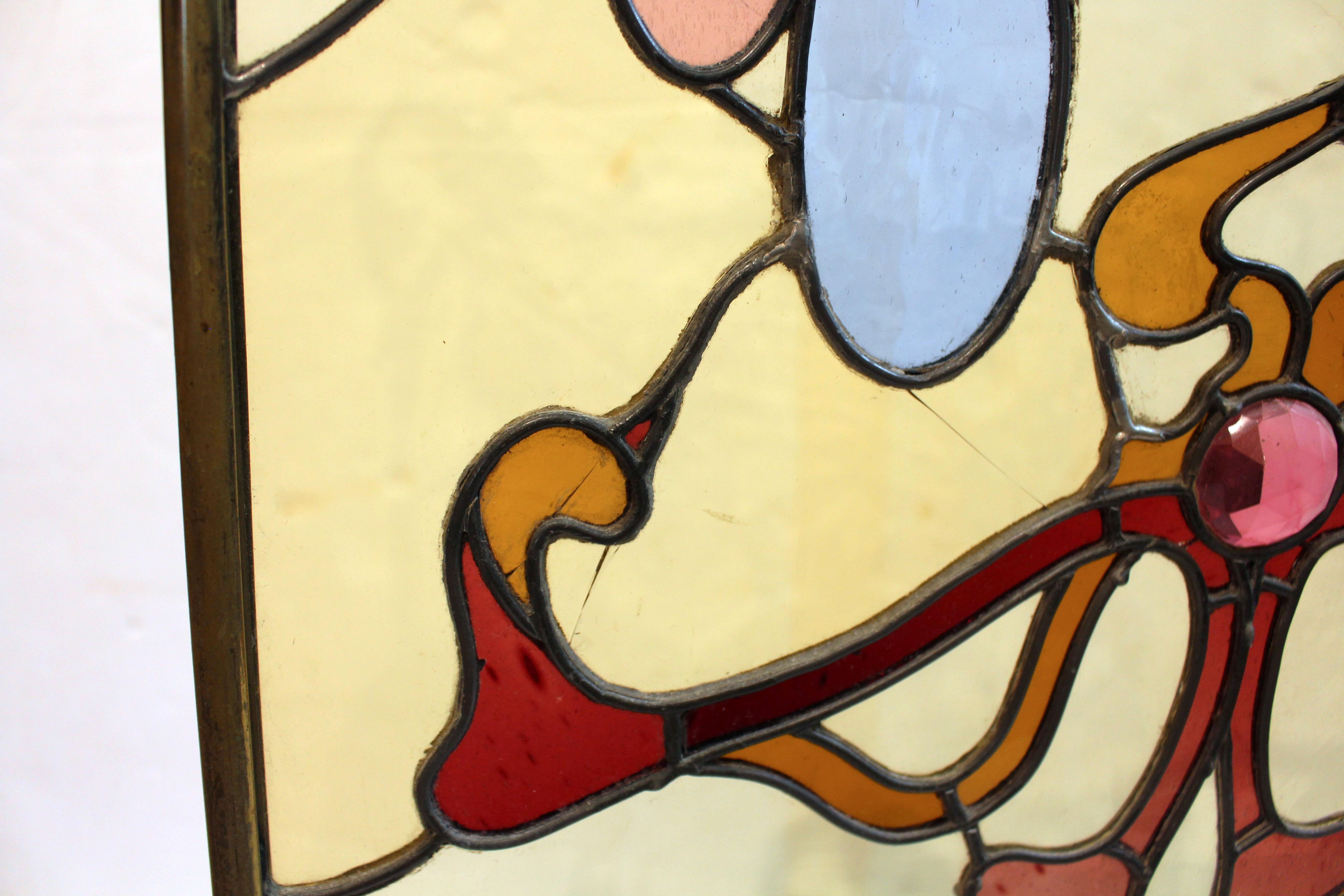 Laiton Pare-feu Art Nouveau en laiton et vitrail en vente