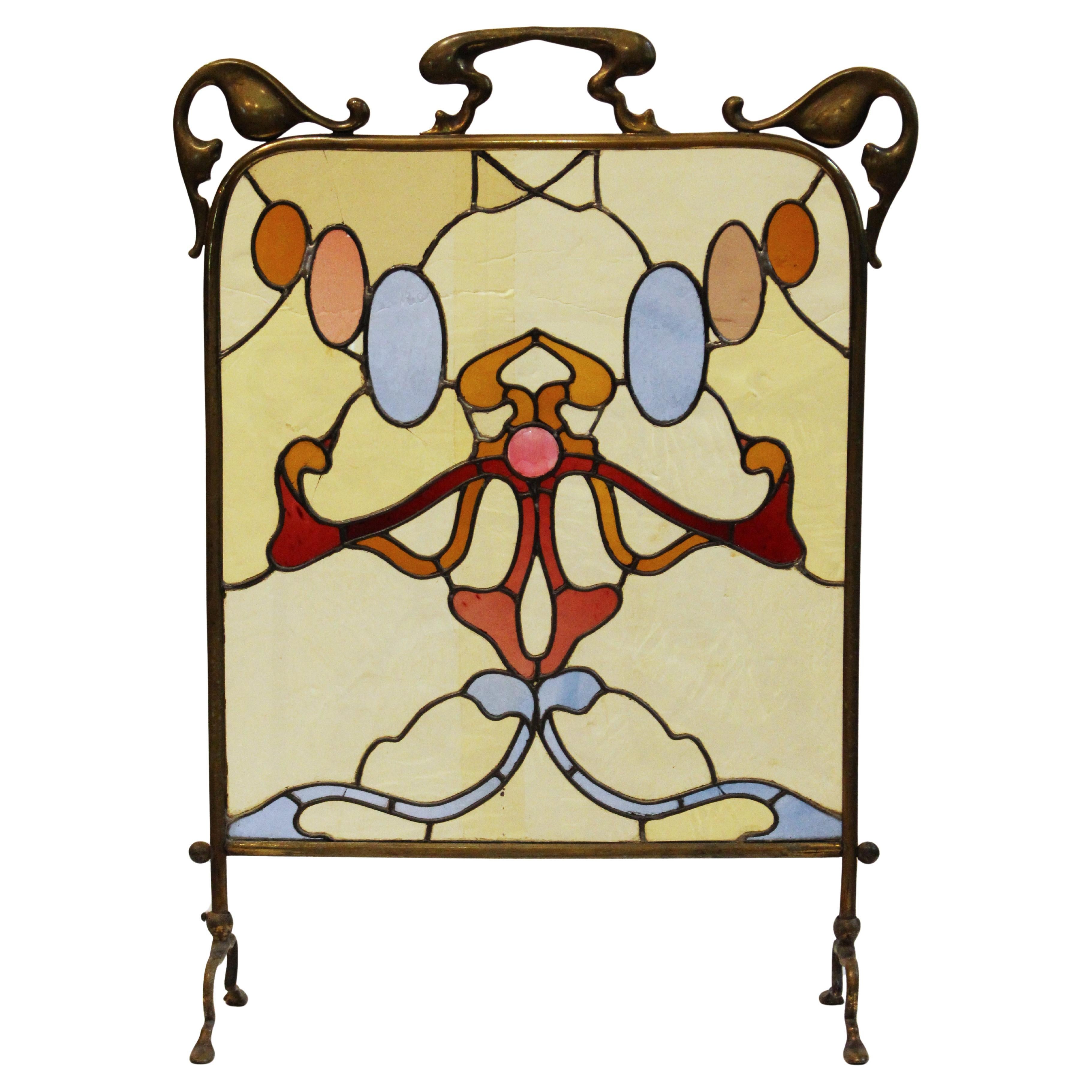 Art Nouveau Brass & Stained Glass Firescreen